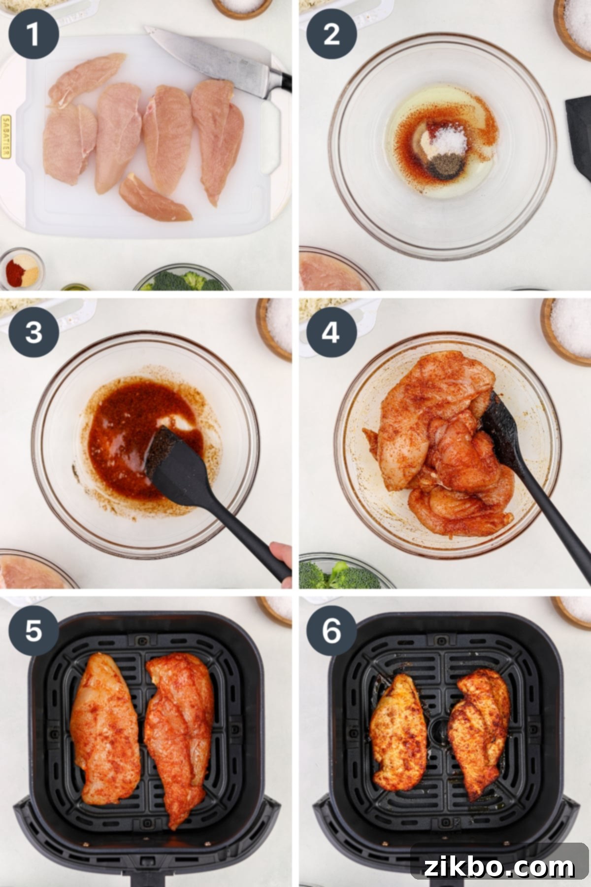 Adding chicken to a bowl of seasonings and oil, then adding the seasoned chicken to an air fryer basket.