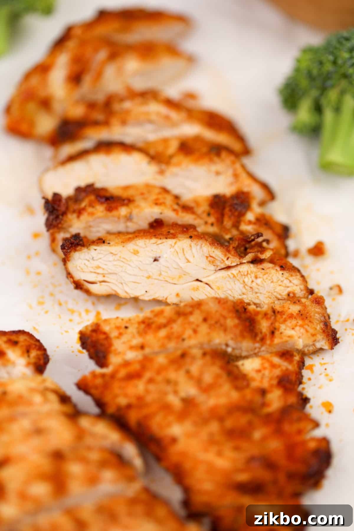 A chicken breast on a white surface, cut into slices.