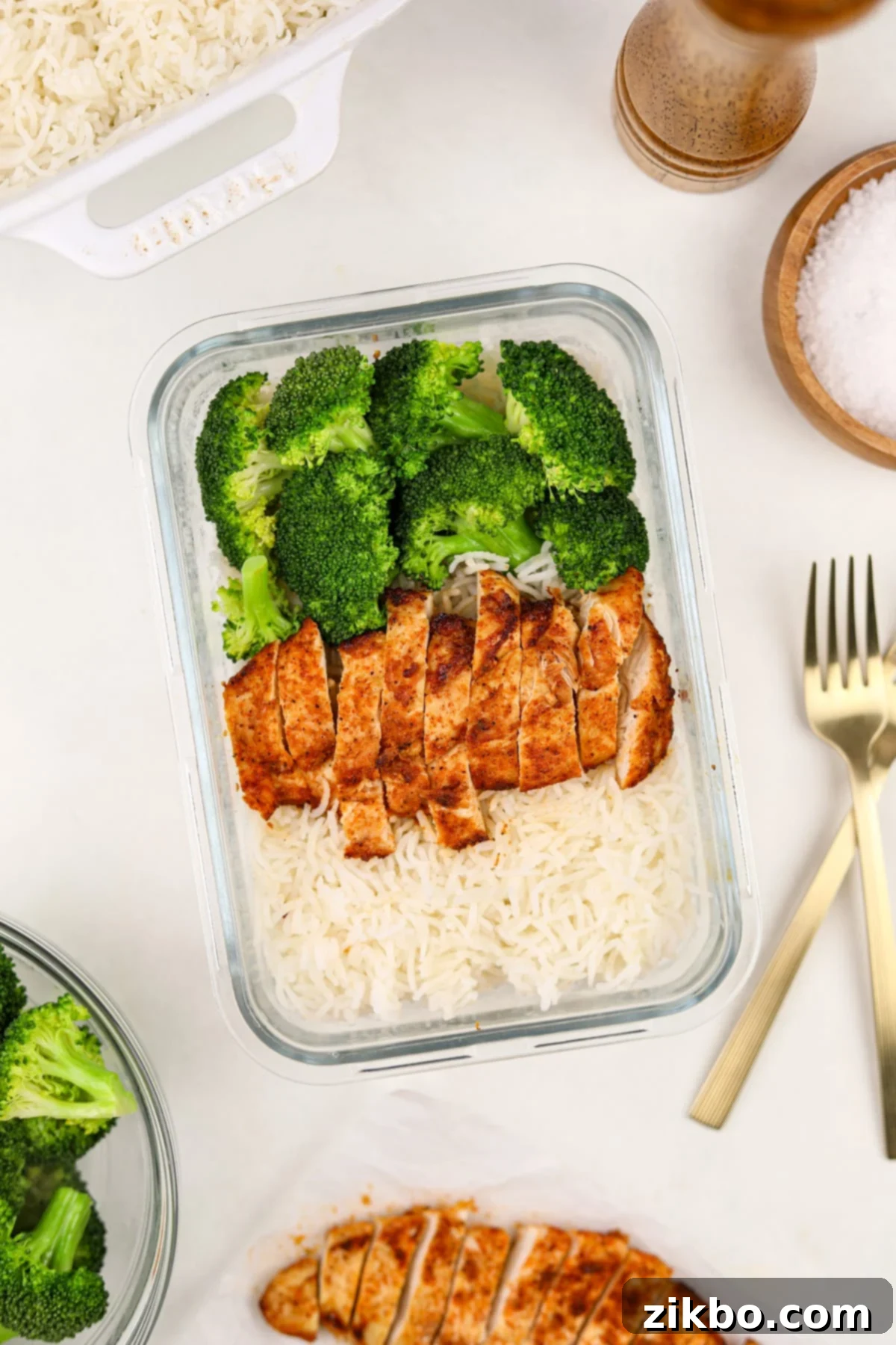 A meal prep container with chicken, broccoli, and rice divided into sections.