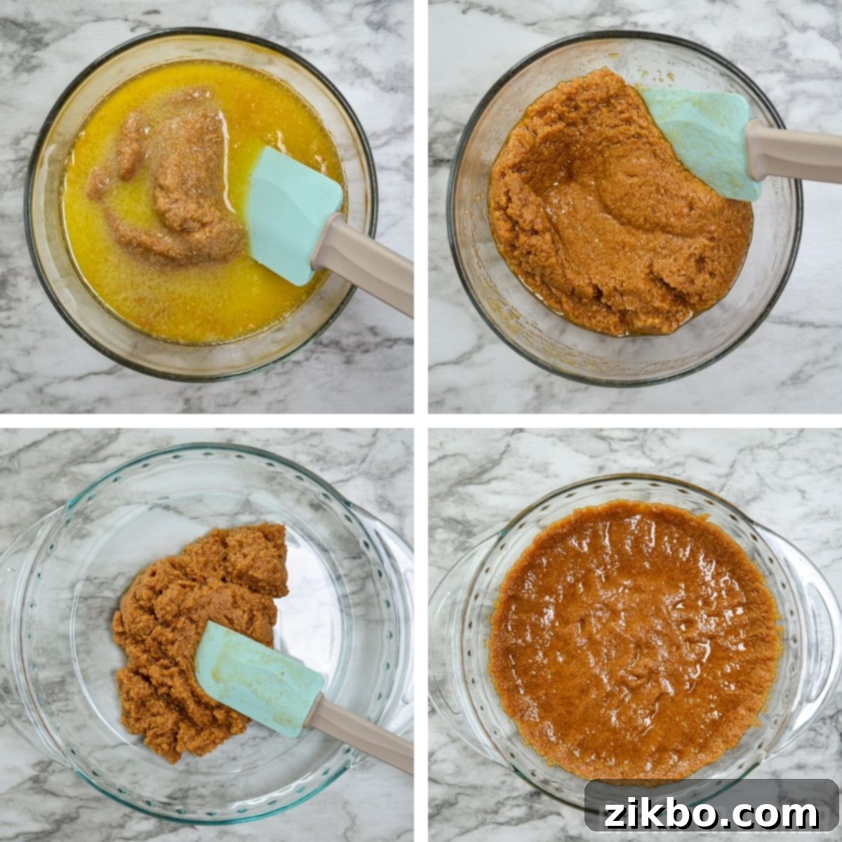 Visual guide on how to prepare a no bake graham cracker pie crust, showing crushed crackers, melted butter, and the final pressed crust.