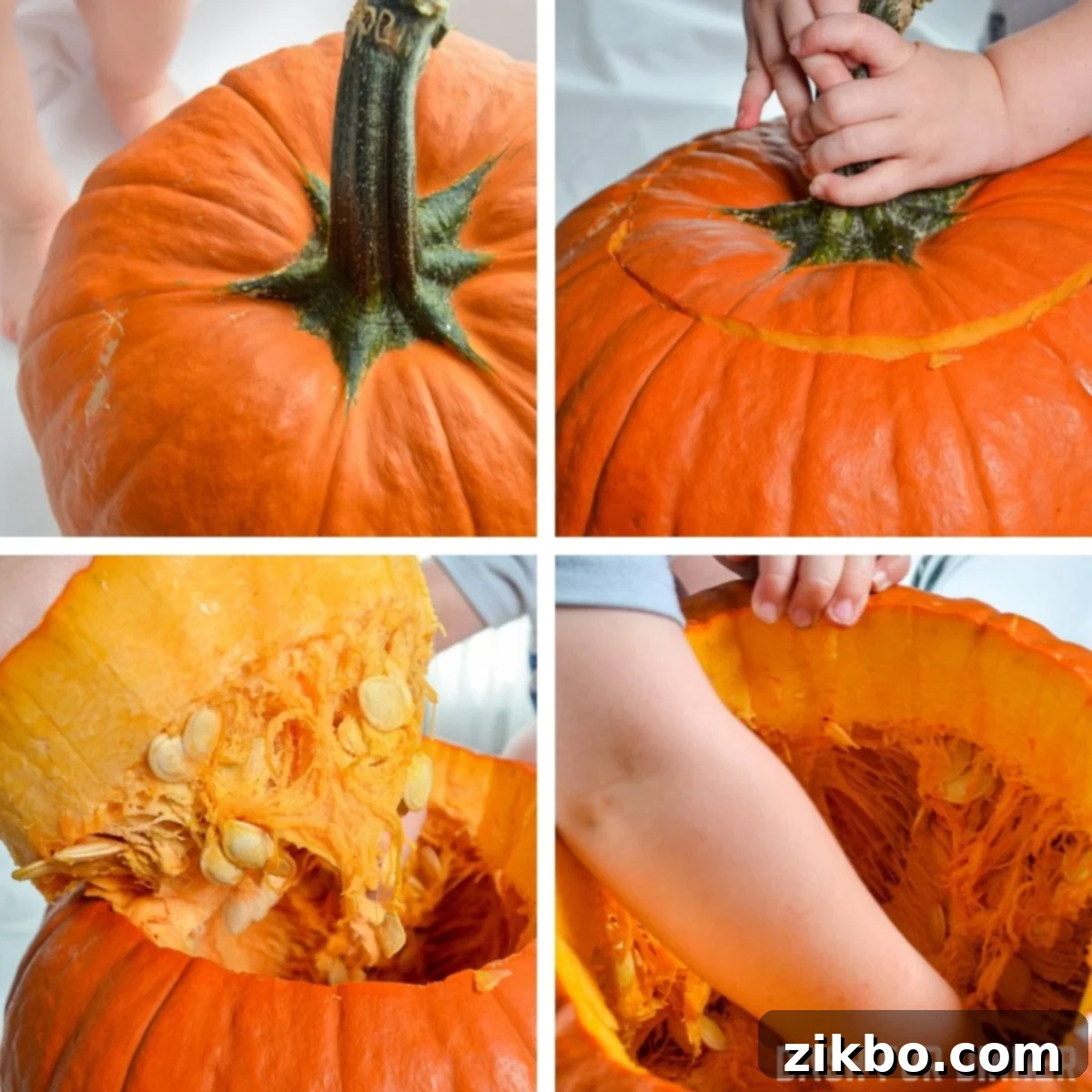 How to clean pumpkin seeds: remove the top of the pumpkin, reach in to pull the stringy bits and seeds out carefully.