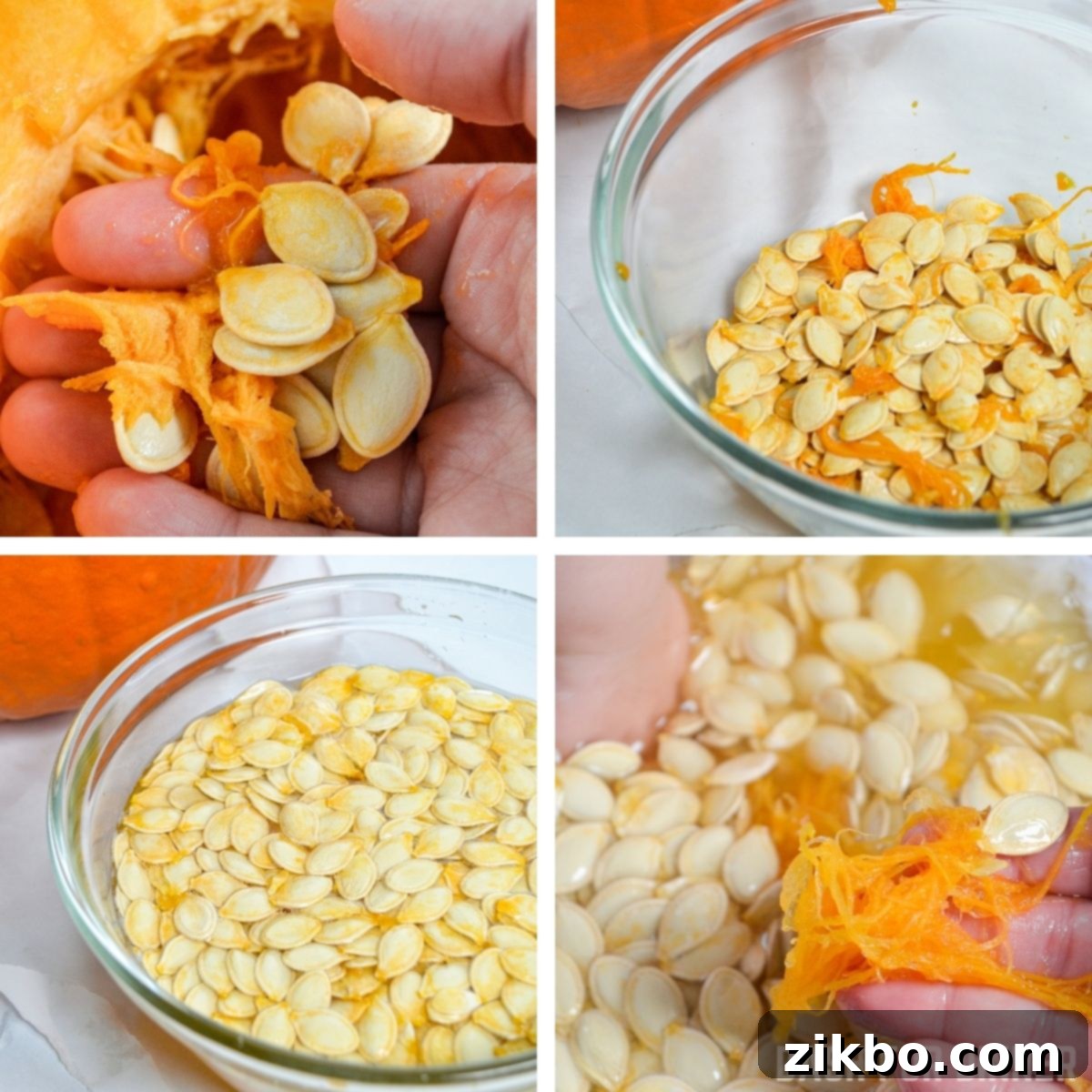 A visual guide showing how to remove stringy pumpkin pulp and soak seeds to further clean them, preparing them for roasting.