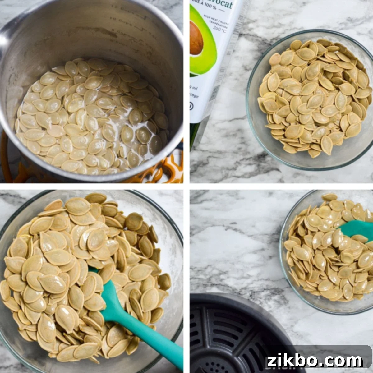 Seasoning cleaned pumpkin seeds with salt and tossing them with avocado oil before placing them into an air fryer basket.