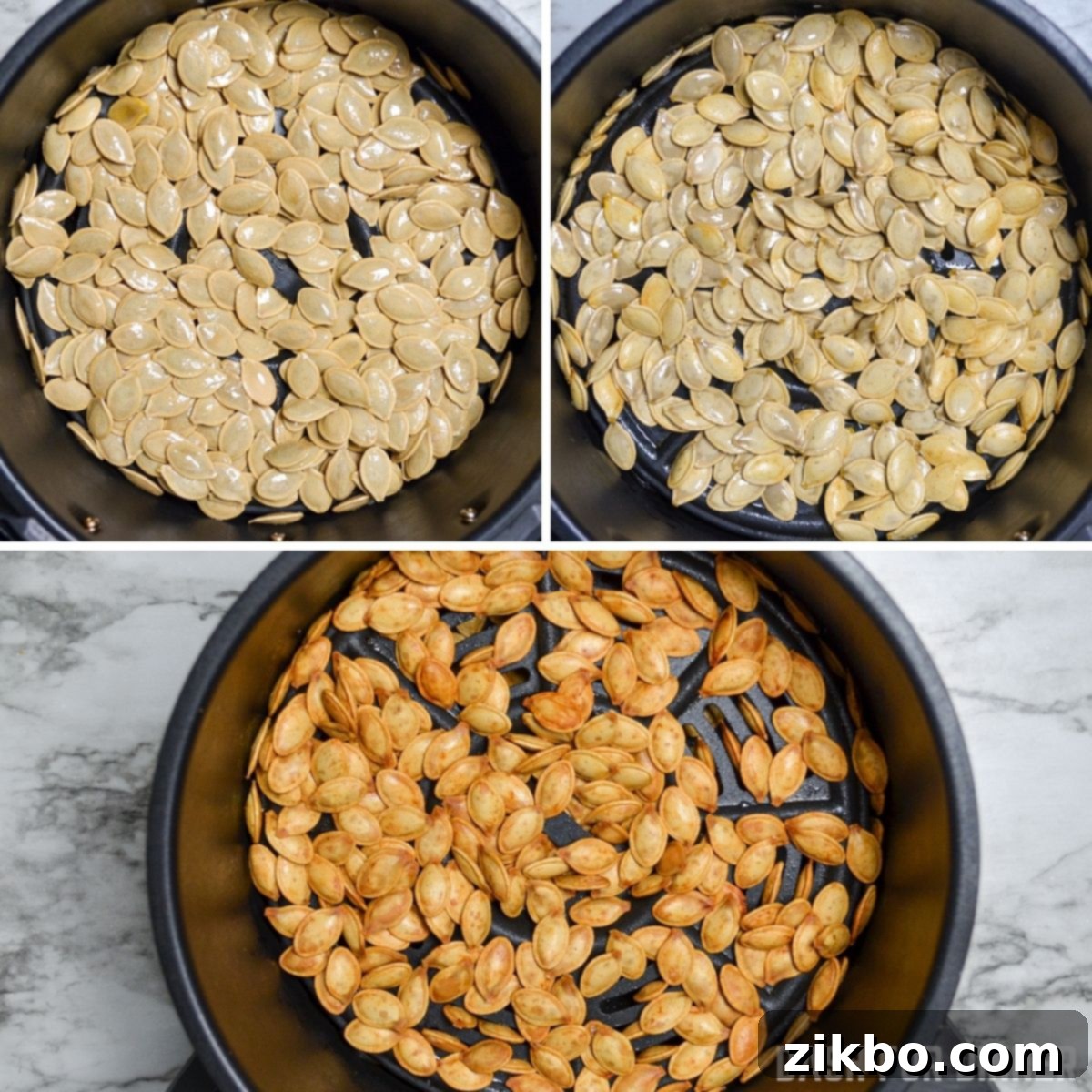 A visual progression of pumpkin seeds being roasted in an air fryer: from raw and oiled, to halfway cooked, to perfectly golden and crispy.