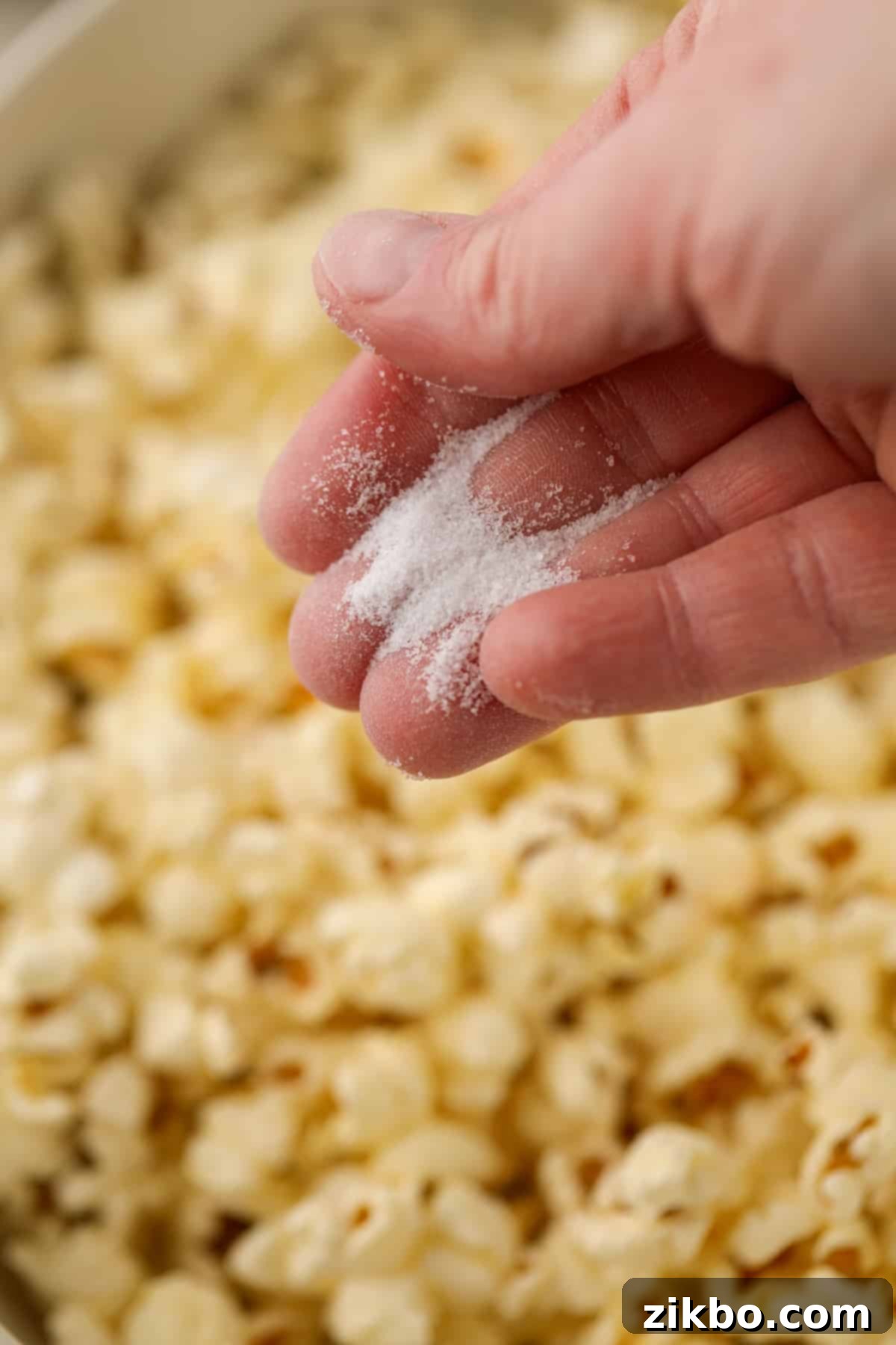 A hand sprinkling fine salt on top of popcorn.