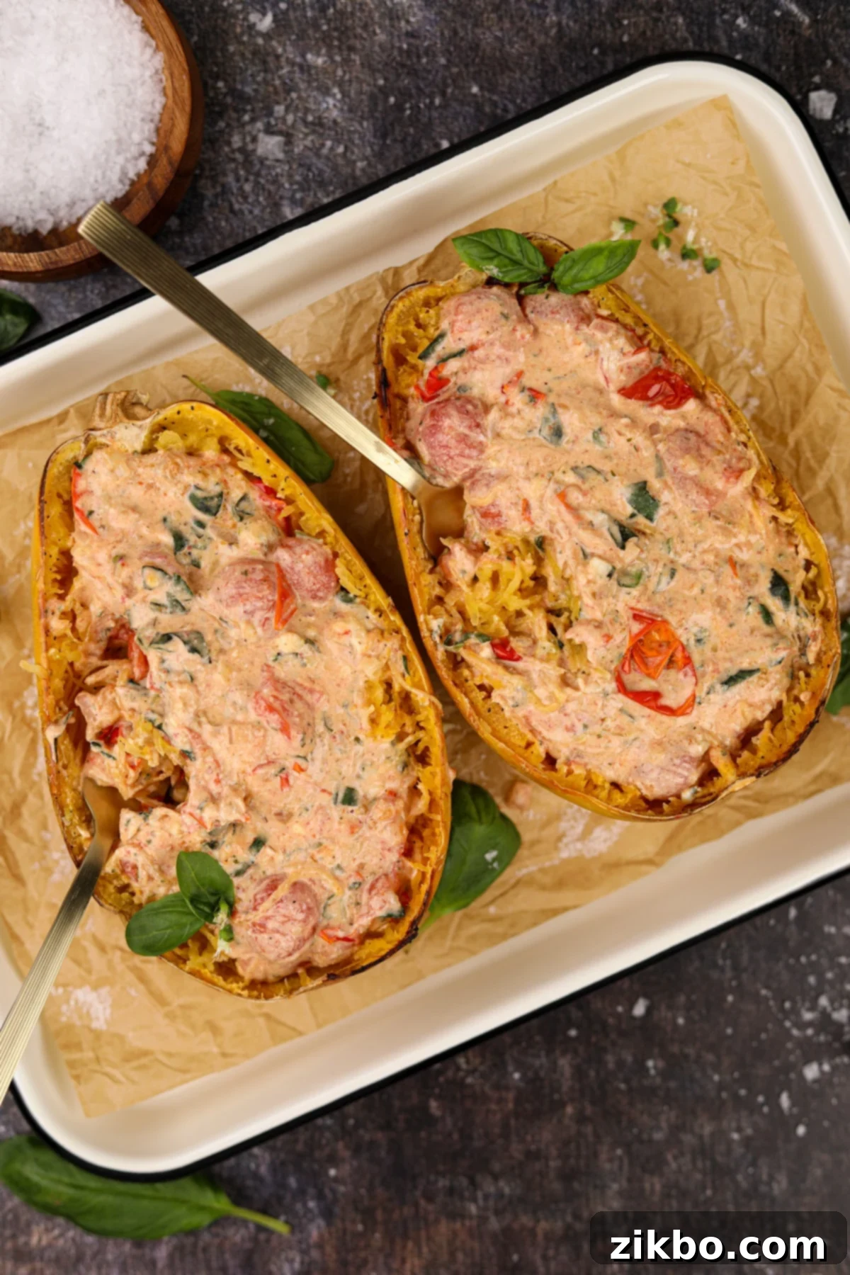Two beautiful Boursin stuffed spaghetti squash halves, each with a fork nestled inside, ready to be enjoyed as a hearty and healthy meal.