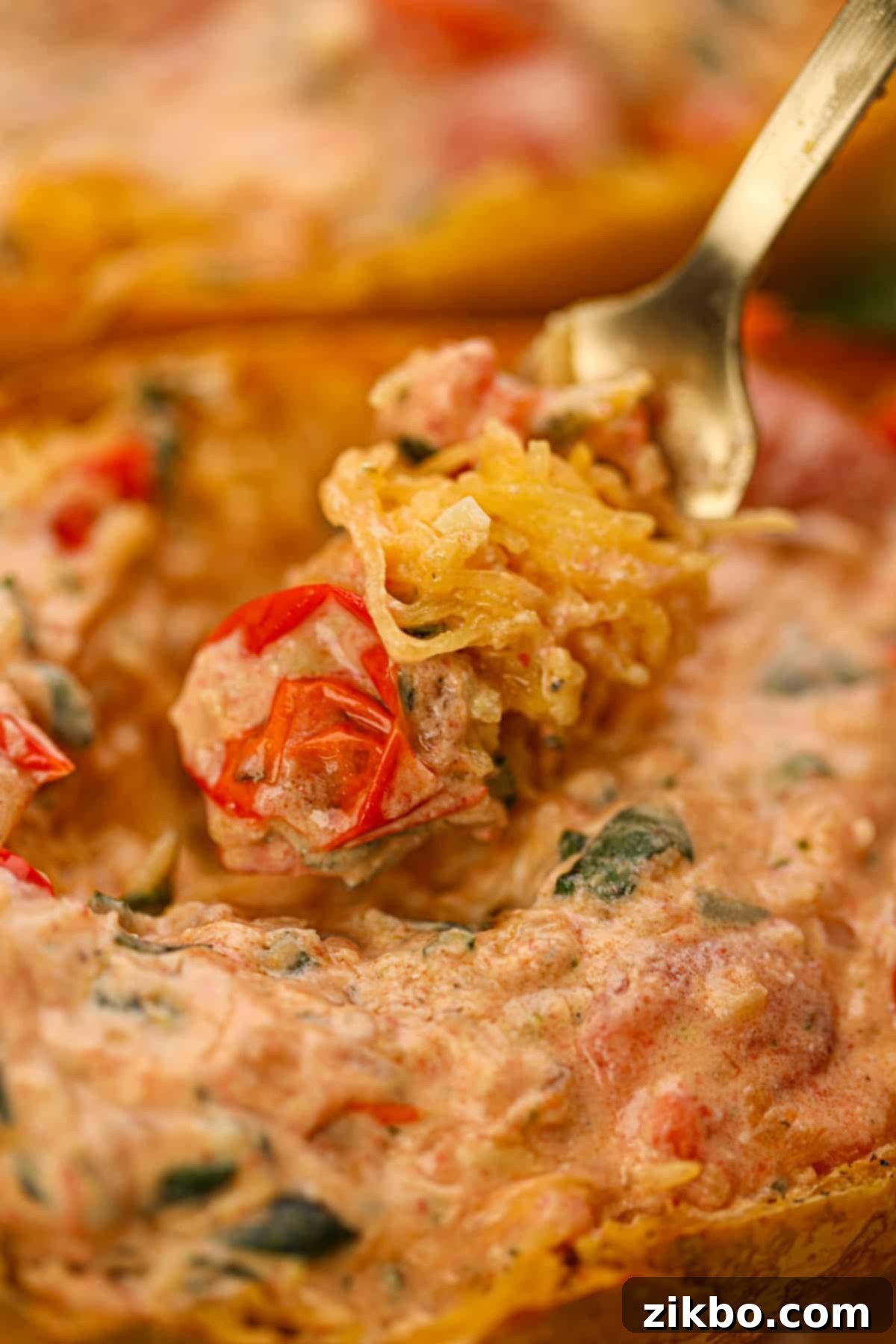 A fork twirling shredded spaghetti squash tossed with a creamy tomato Boursin sauce, showcasing the delicious texture.