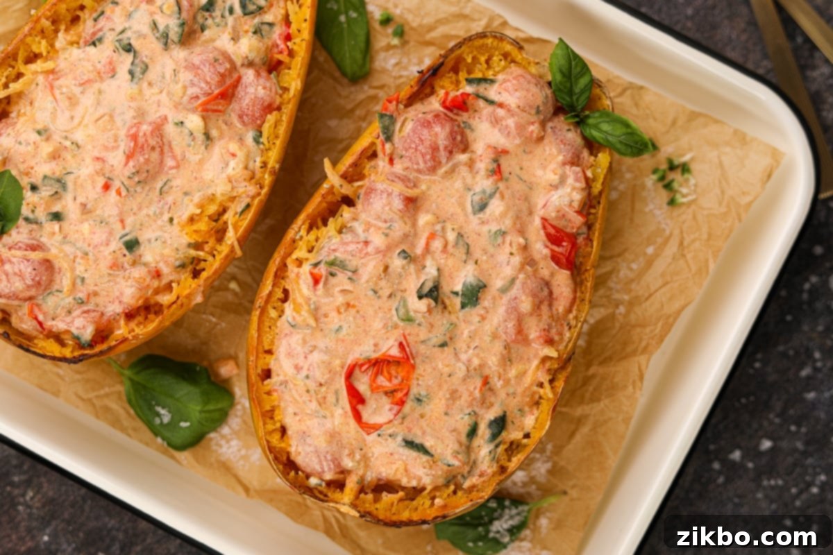 One half of a roasted spaghetti squash, generously filled with a creamy, vibrant sauce of Boursin cheese, burst cherry tomatoes, and fresh basil, ready to be served.