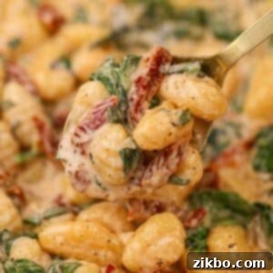 A close up of gnocchi in a creamy sauce, dotted with sundried tomato and spinach, ready to be served.