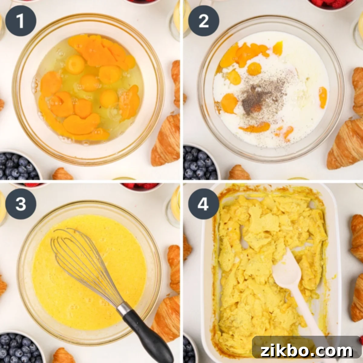 Whisking eggs in a bowl, then baking them in a ceramic baking dish.