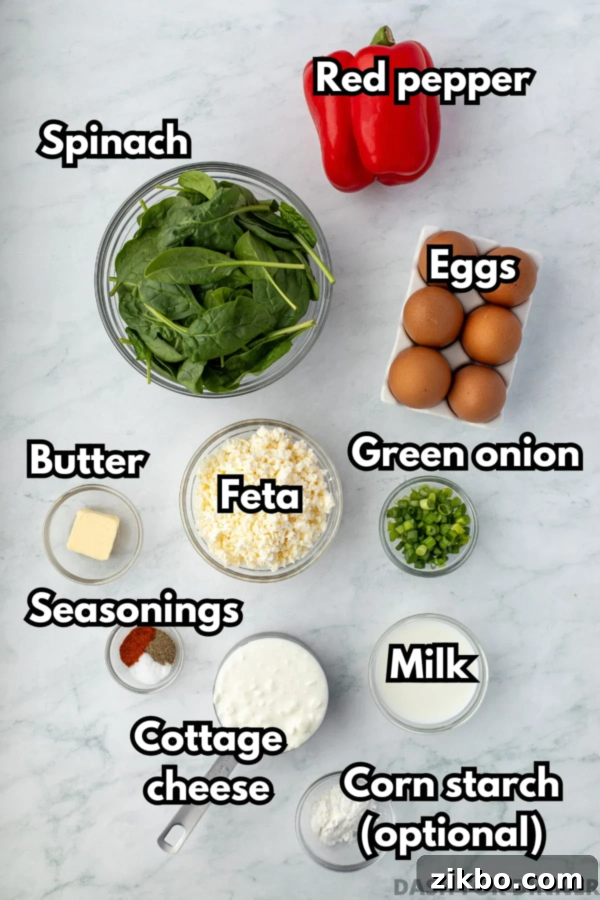 The ingredients needed to make spinach mini frittatas, including eggs, cottage cheese, and red pepper.