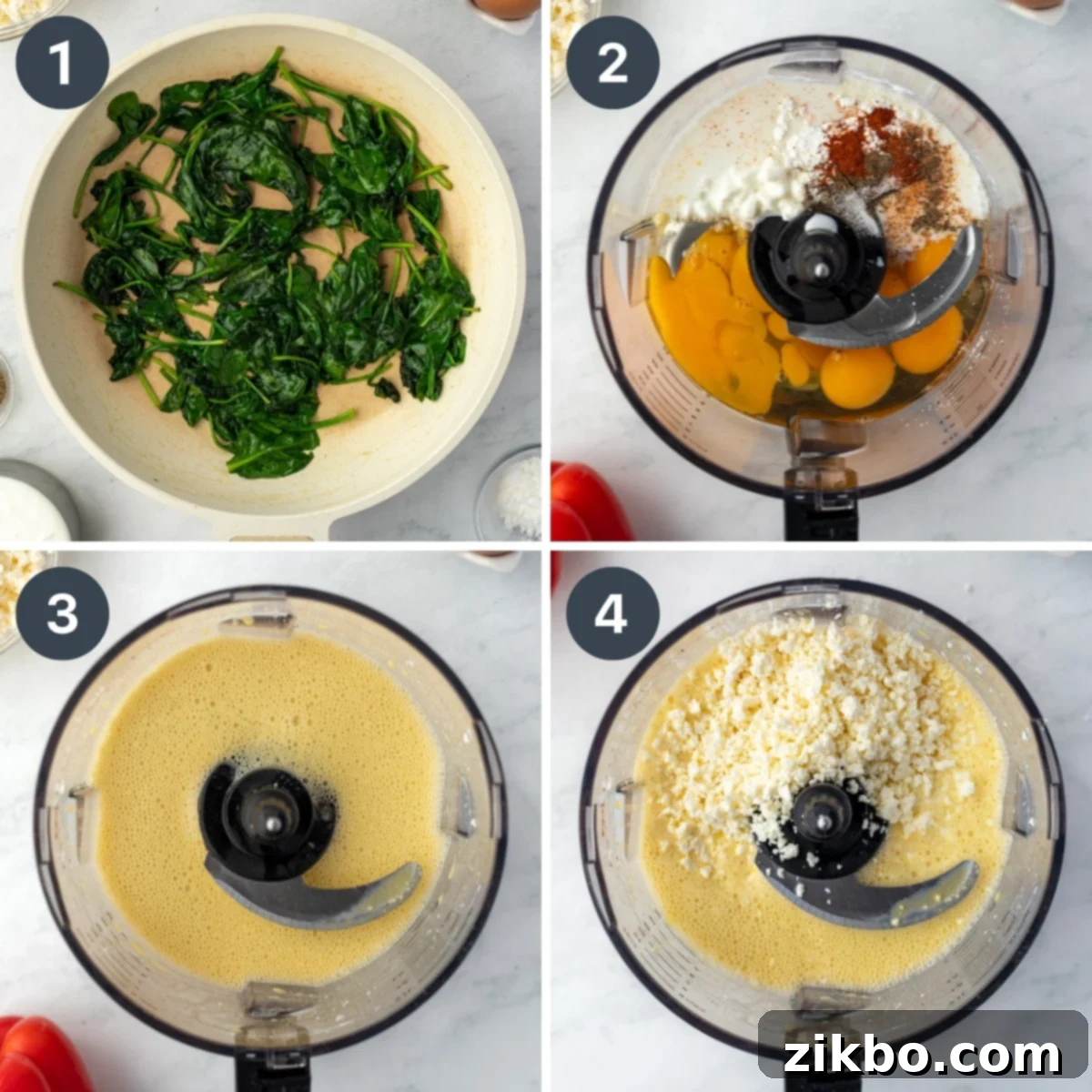 Blending eggs with cottage cheese, then adding feta cheese.