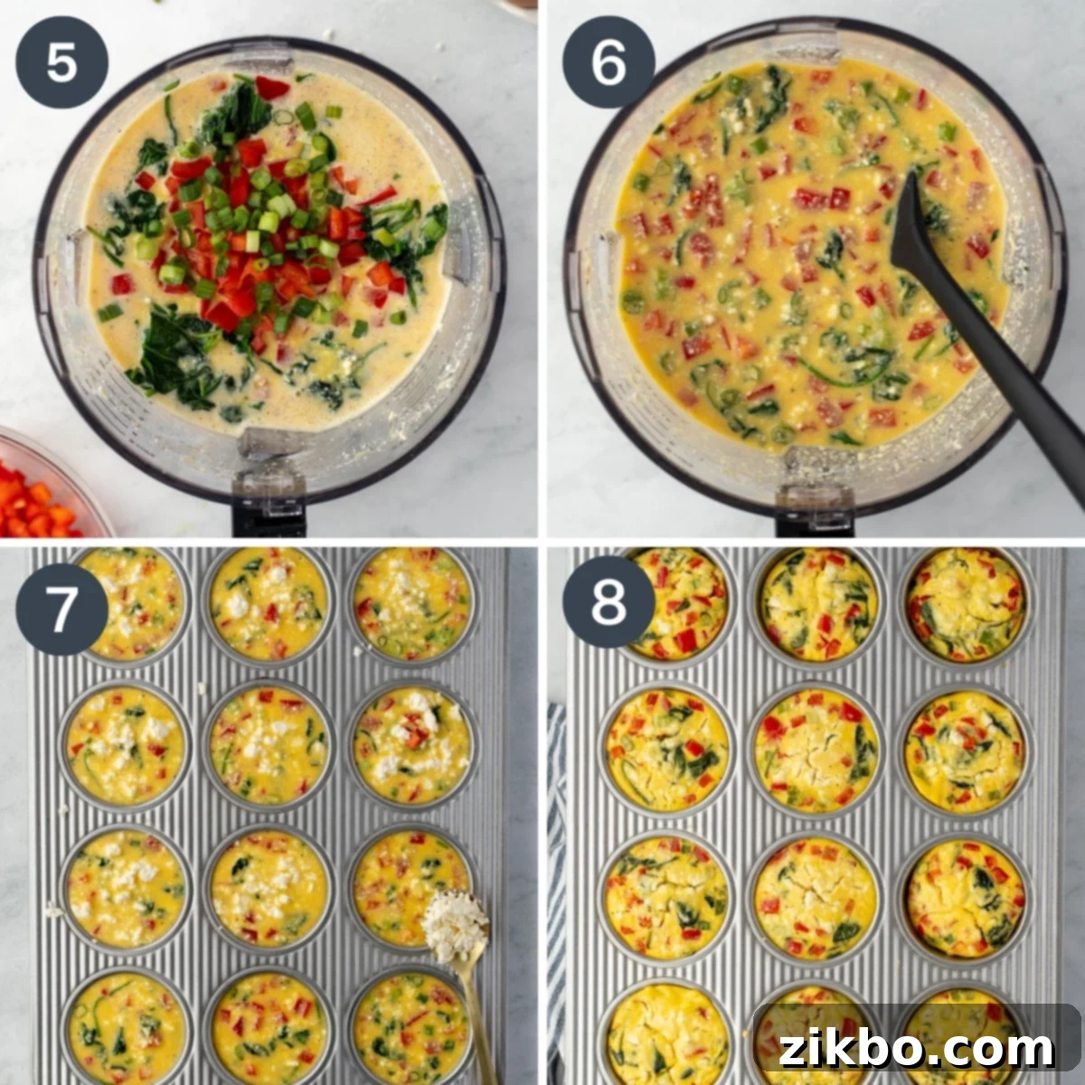 Adding spinach and red pepper to blended eggs.
