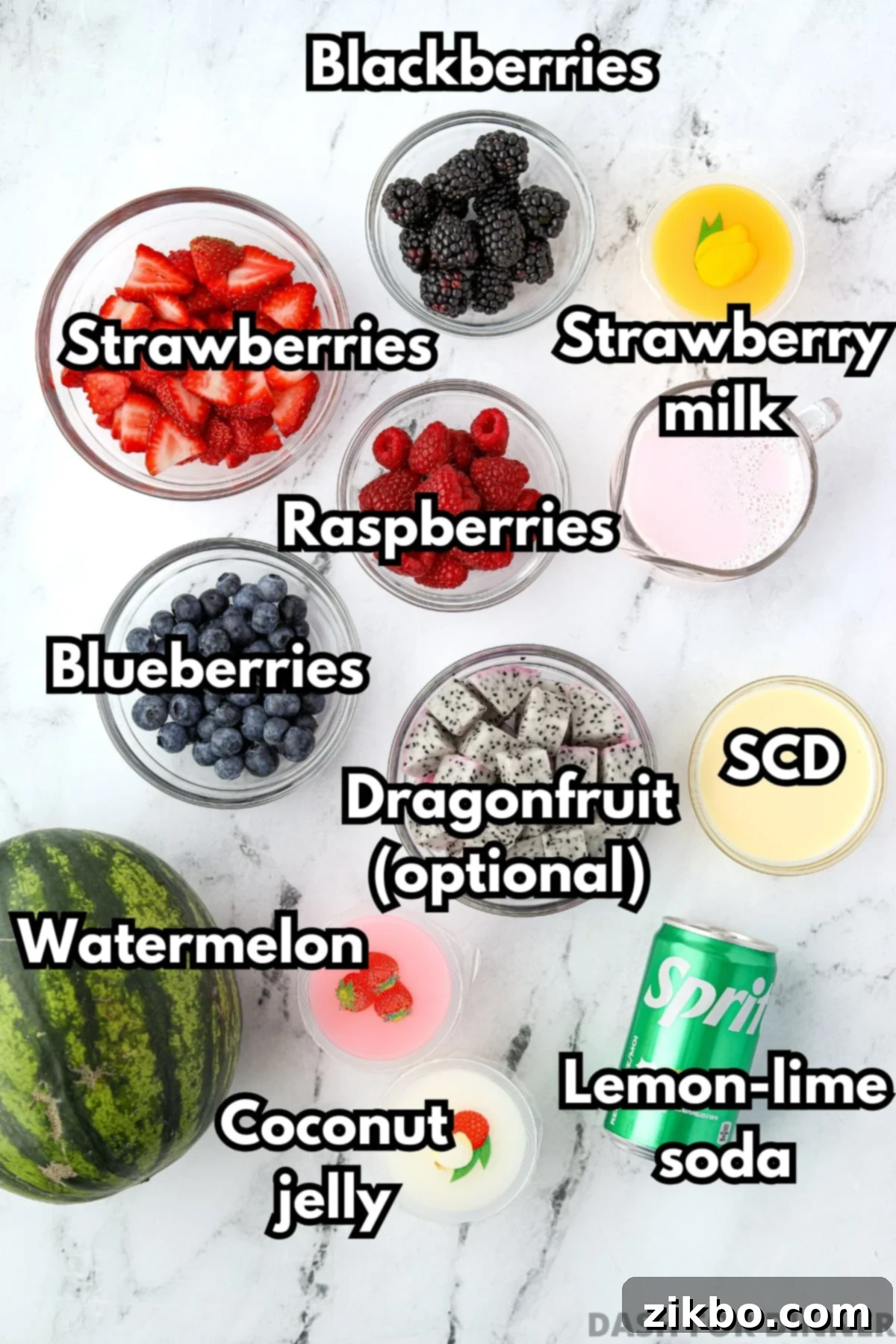 Hwachae: Korea's Vibrant Fruit Refreshment 3 The ingredients needed to make hwachae, including berries, dragonfruit, strawberry milk, and watermelon.
