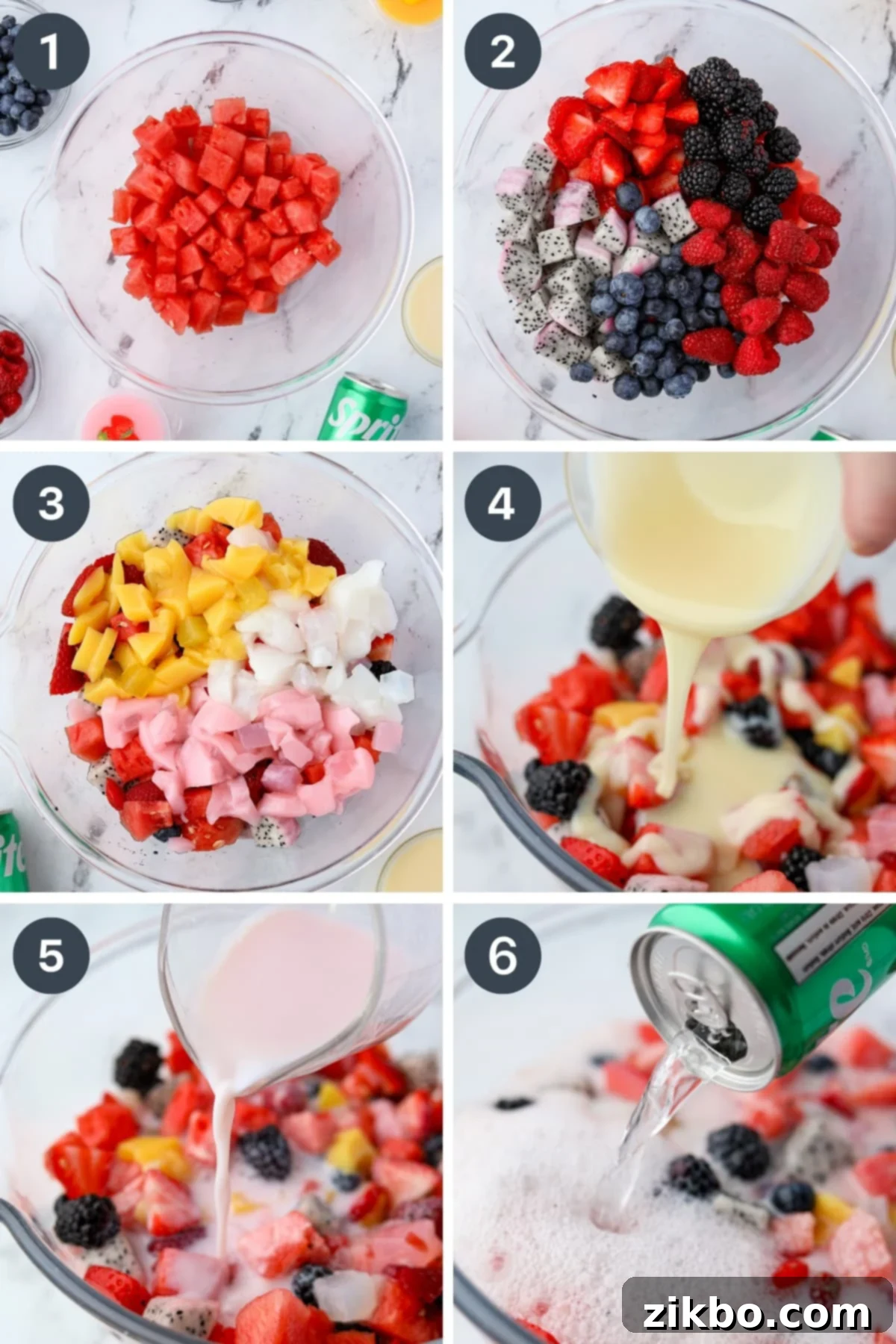 Hwachae: Korea's Vibrant Fruit Refreshment 4 Adding fruit to a large bowl, then pouring in sweetened condensed milk, strawberry milk, and sprite.