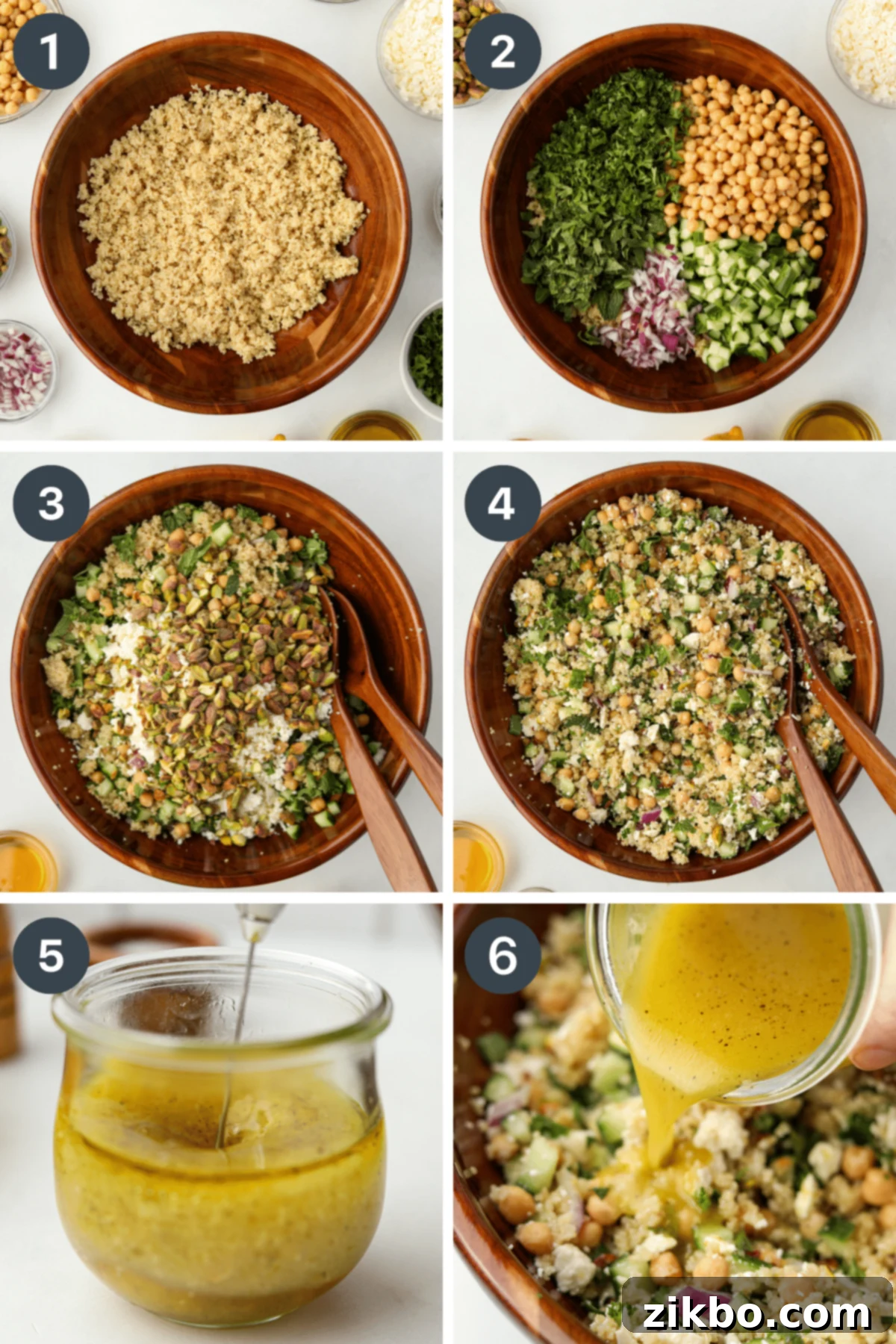Adding chickpeas, fresh herbs, and onion to cooked quinoa in a large bowl, demonstrating the salad assembly.
