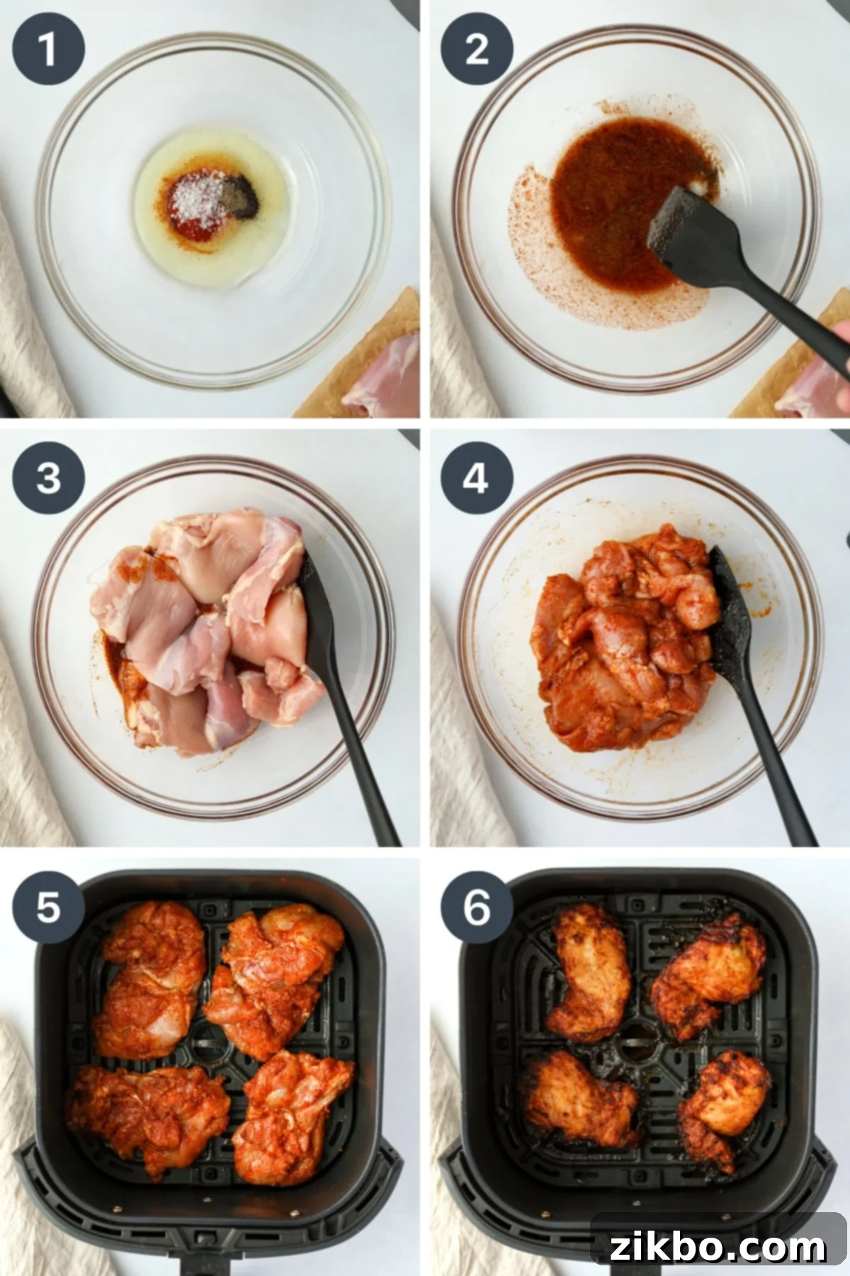 Crispy and Juicy Air Fryer Chicken Thighs 4 Adding chicken thighs to seasoning and oil, then transferring it to an air fryer basket.