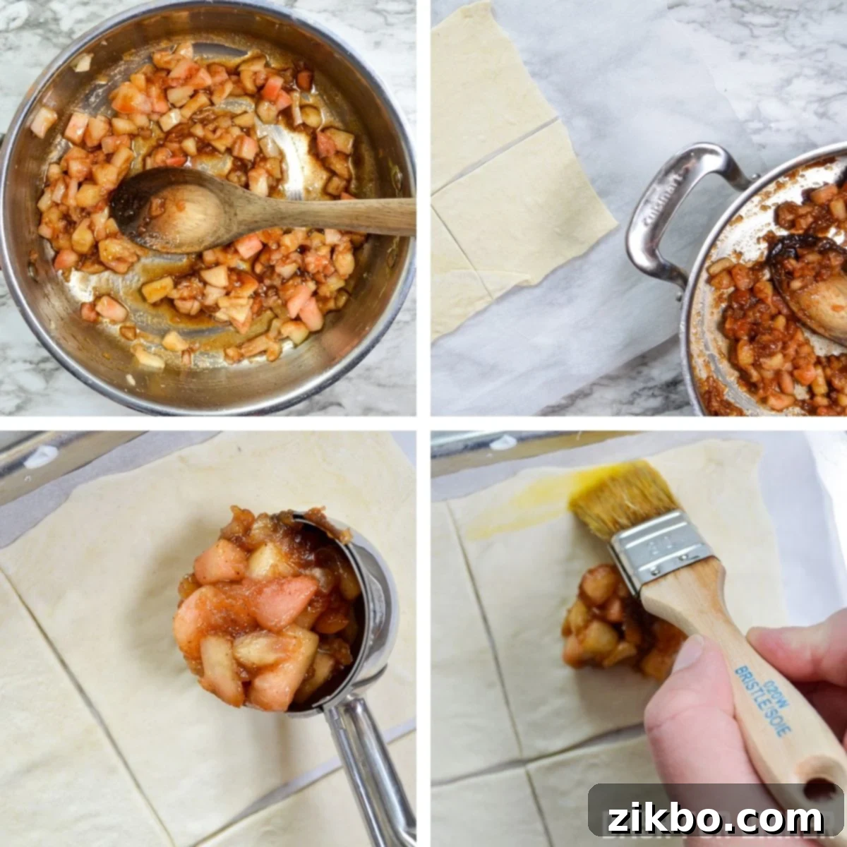 Illustrative step-by-step guide showing how to add apple filling to puff pastry for turnovers.