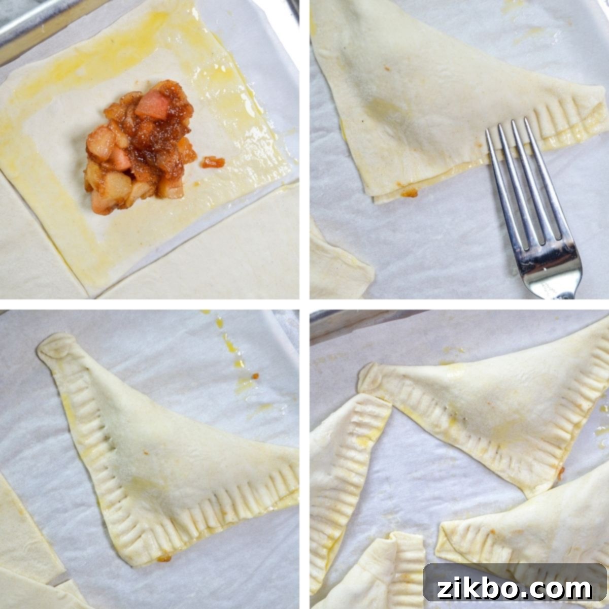 Visual guide on how to perfectly fill and seal apple turnovers using an egg wash and crimping with a fork.