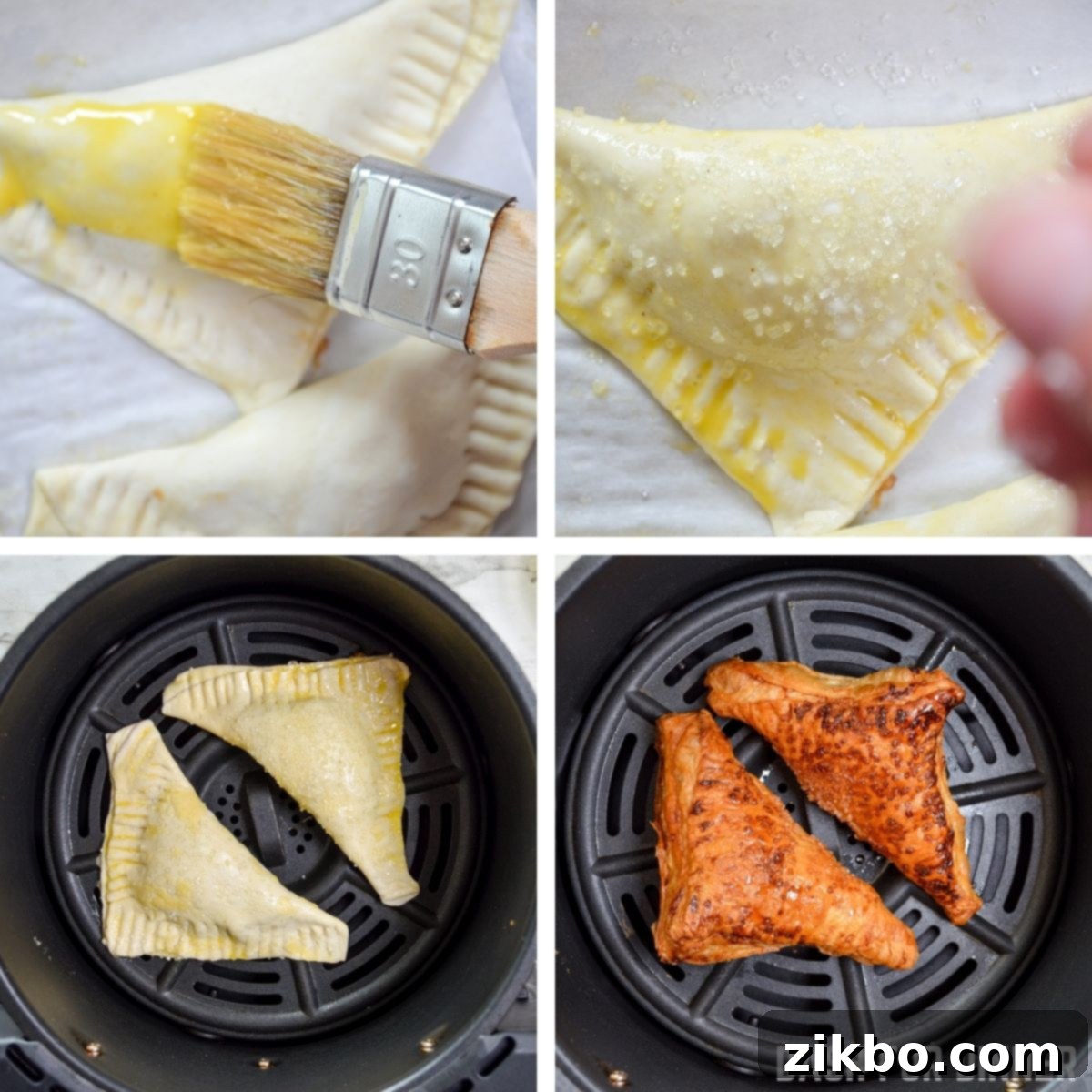 Demonstration of baking apple turnovers in an air fryer; sealed turnovers are placed in the air fryer basket until golden and puffy.