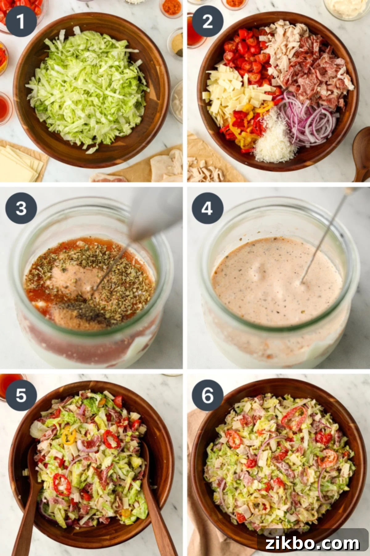 Combing lettuce with vegetables, chopped meat, and cheese to make a salad. 