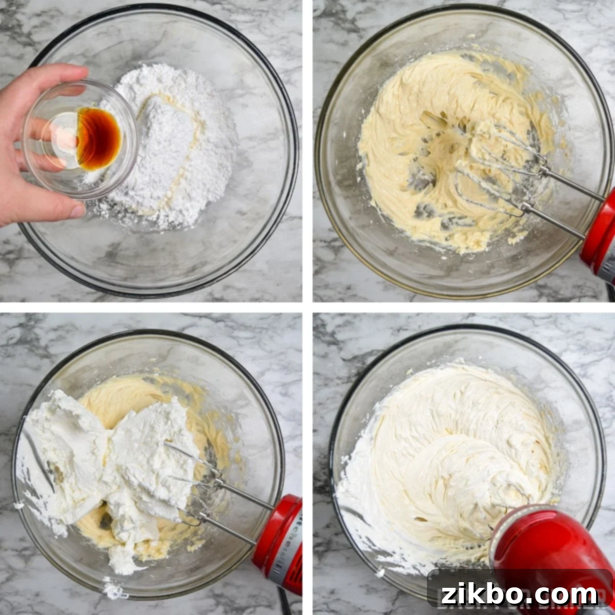 How to make a no bake cheesecake filling for your desserts, showing the smooth mixture in a bowl.