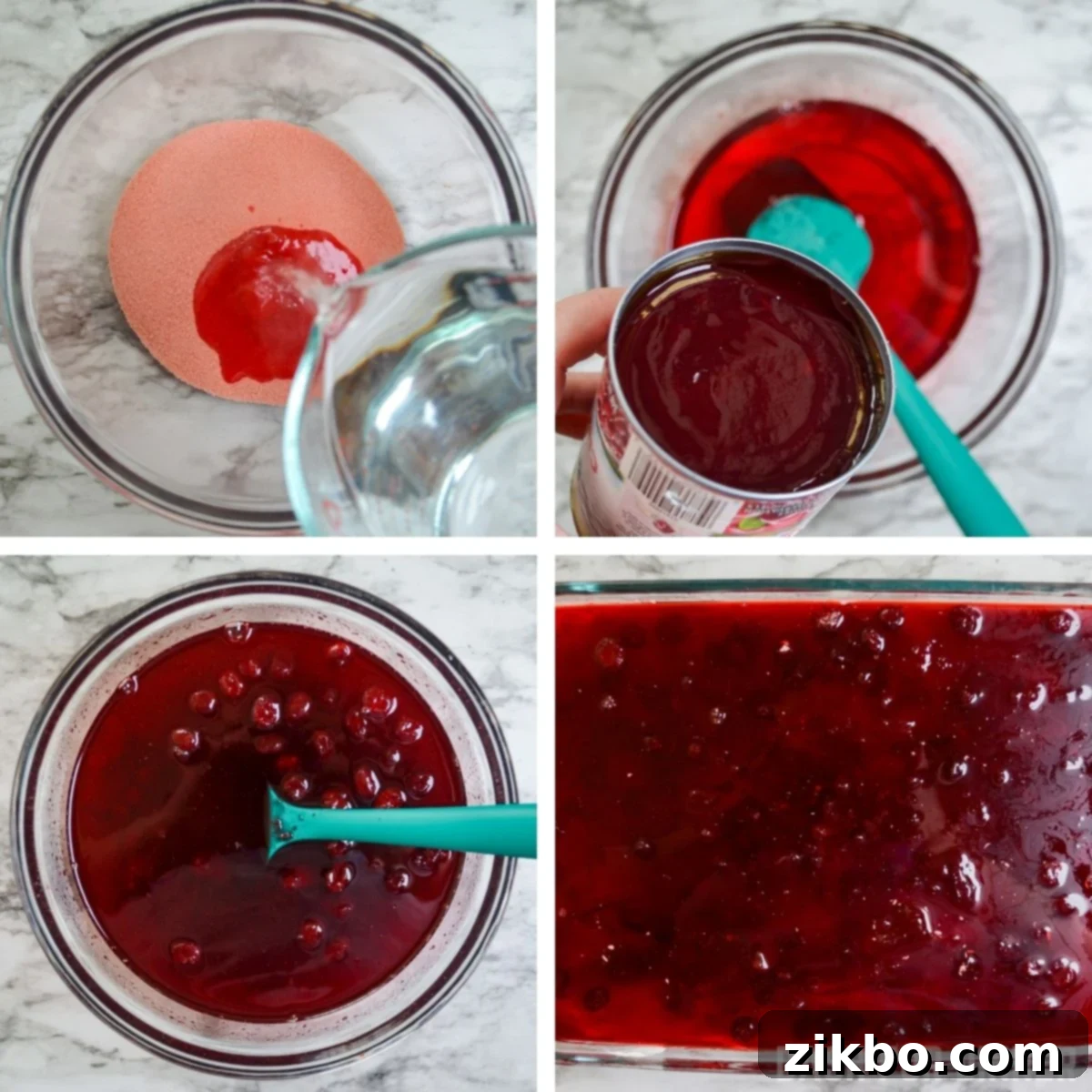 Making a cranberry and jello topping for a no bake dessert, showing the gelatin dissolving in hot water.