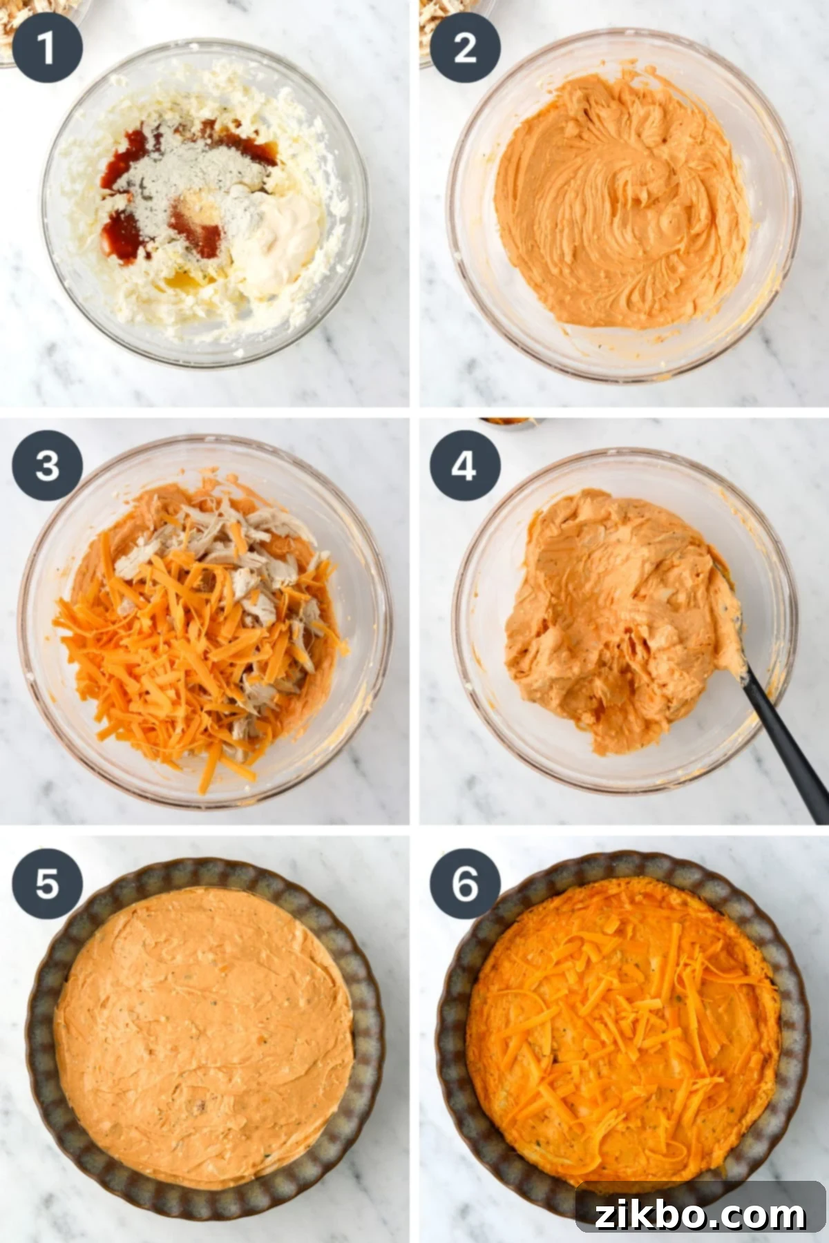 Blending cream cheese with buffalo sauce and other ingredients, then baking it until hot and bubbly.