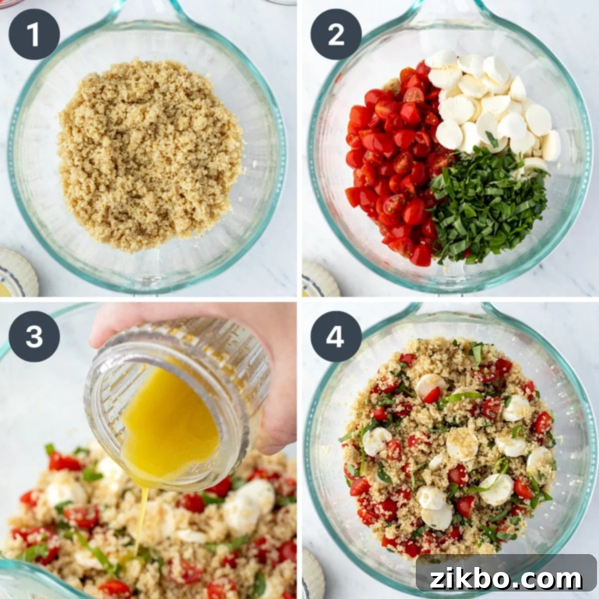 Fresh Caprese Quinoa 4 Several frames showing a bowl of quinoa, then the addition of mini mozzarella balls, tomato, and basil, and finally being tossed with a dressing.