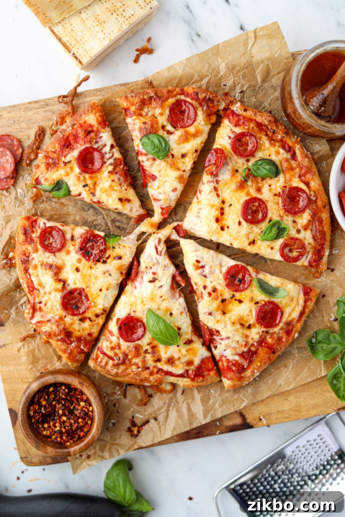 Pizza cut into slices and topped with pepperoni and fresh basil.