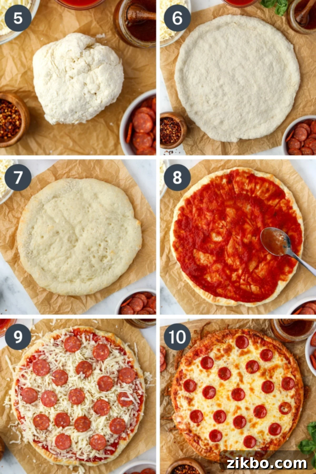 Adding pizza sauce, shredded cheese, and toppings to a round pizza dough circle on a parchment paper.