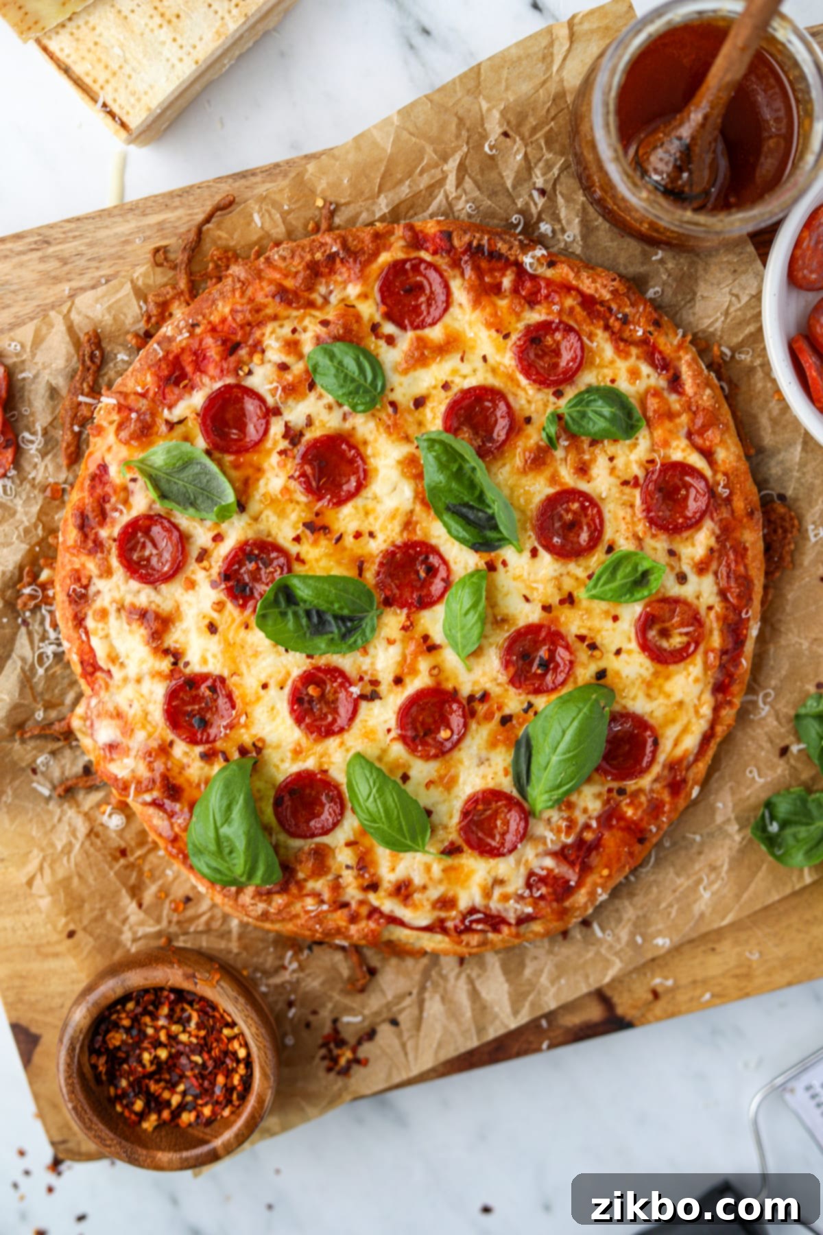Pizza on a sheet of parchment paper, topped with pepperoni, fresh basil, and crushed red pepper.