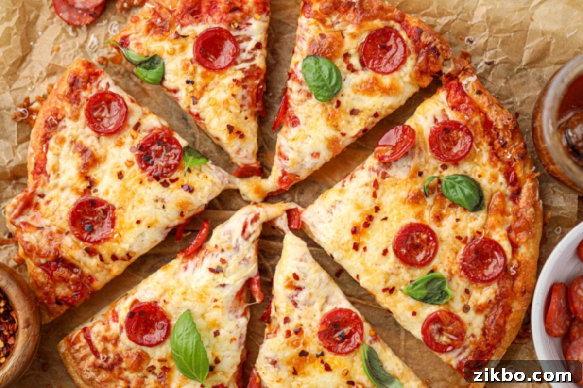 A round pizza sliced into 6 uneven pieces.