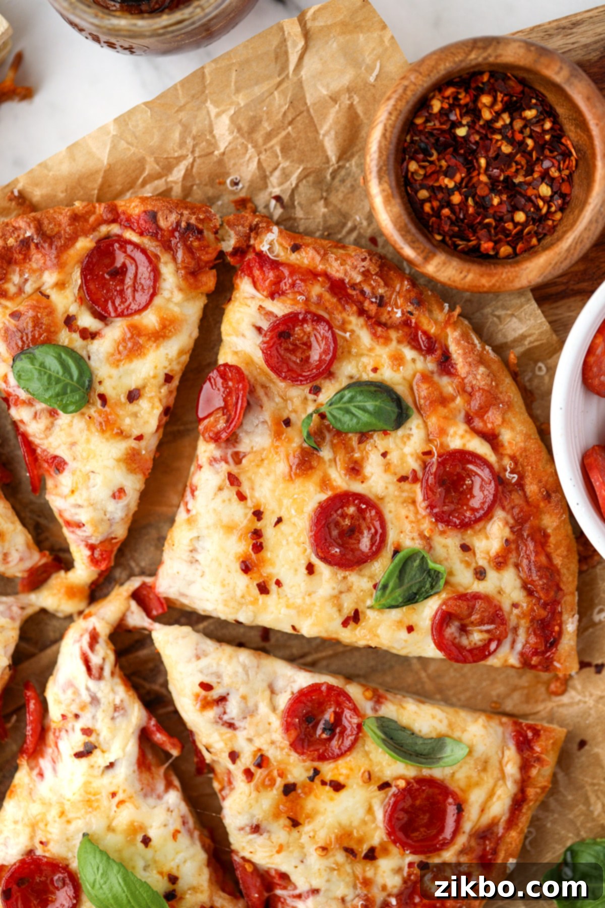 Slices of pizza on a sheet of parchment paper, topped with pepperoni and fresh basil/