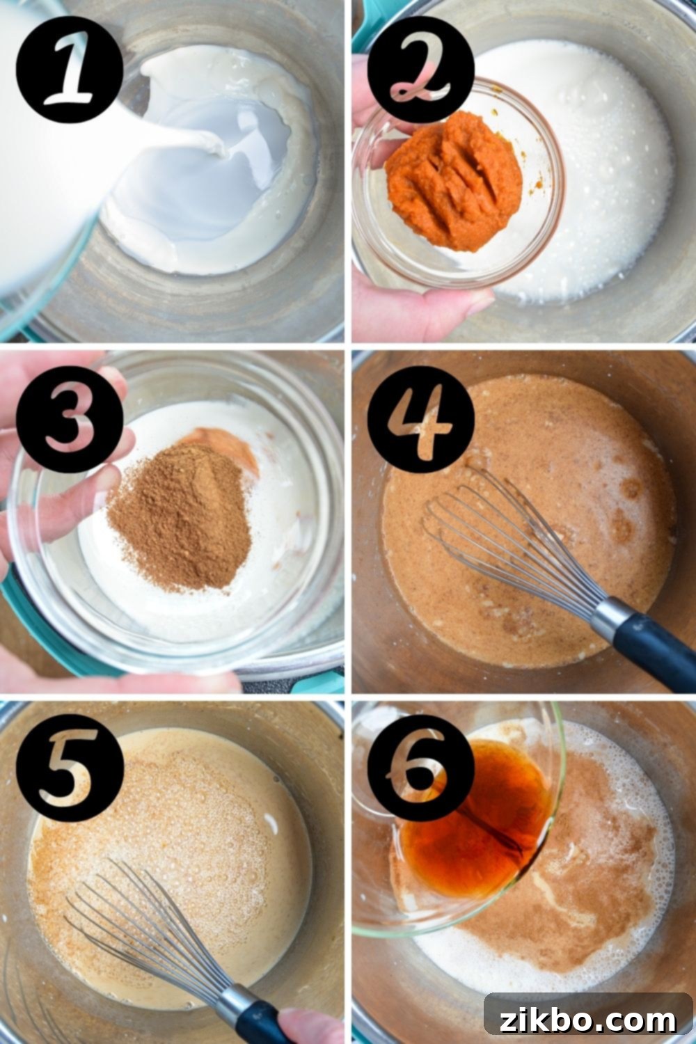 A top-down view inside the Instant Pot, showing the harmonious mixing of milk, pumpkin puree, sugar, and pumpkin pie spice, creating the creamy base for the delicious latte.