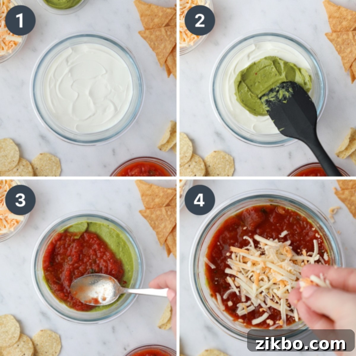 Layering Greek yogurt, guacamole, salsa, and shredded cheese into a small bowl.