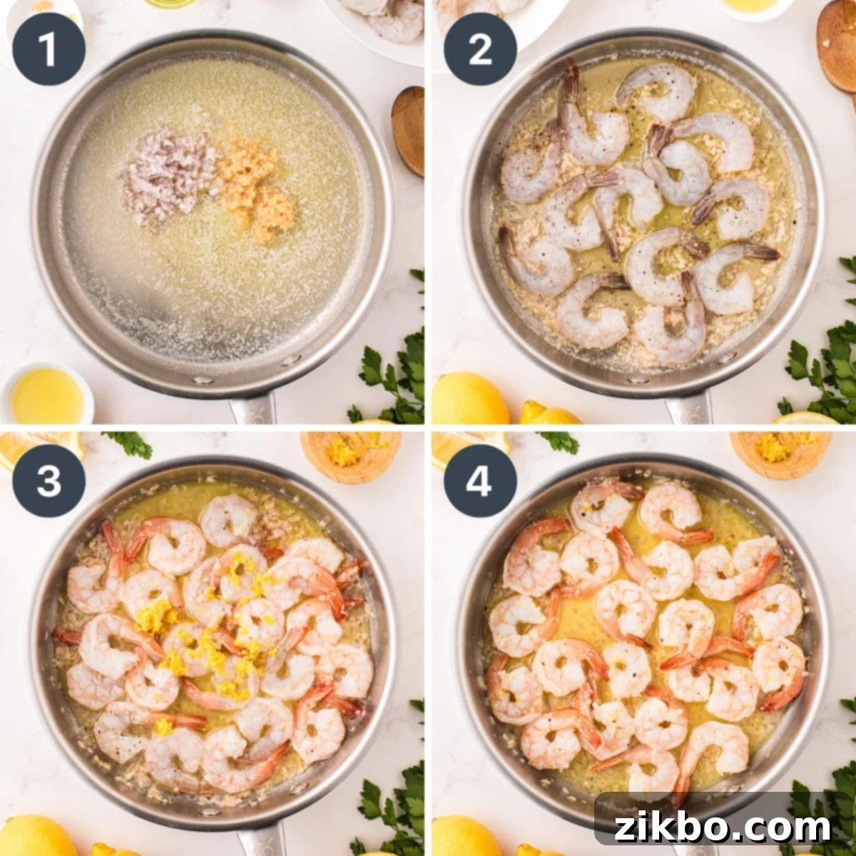 A collage demonstrating the cooking process: adding shrimp to a skillet, then sprinkling lemon zest, and a final overhead shot of the beautifully cooked shrimp.