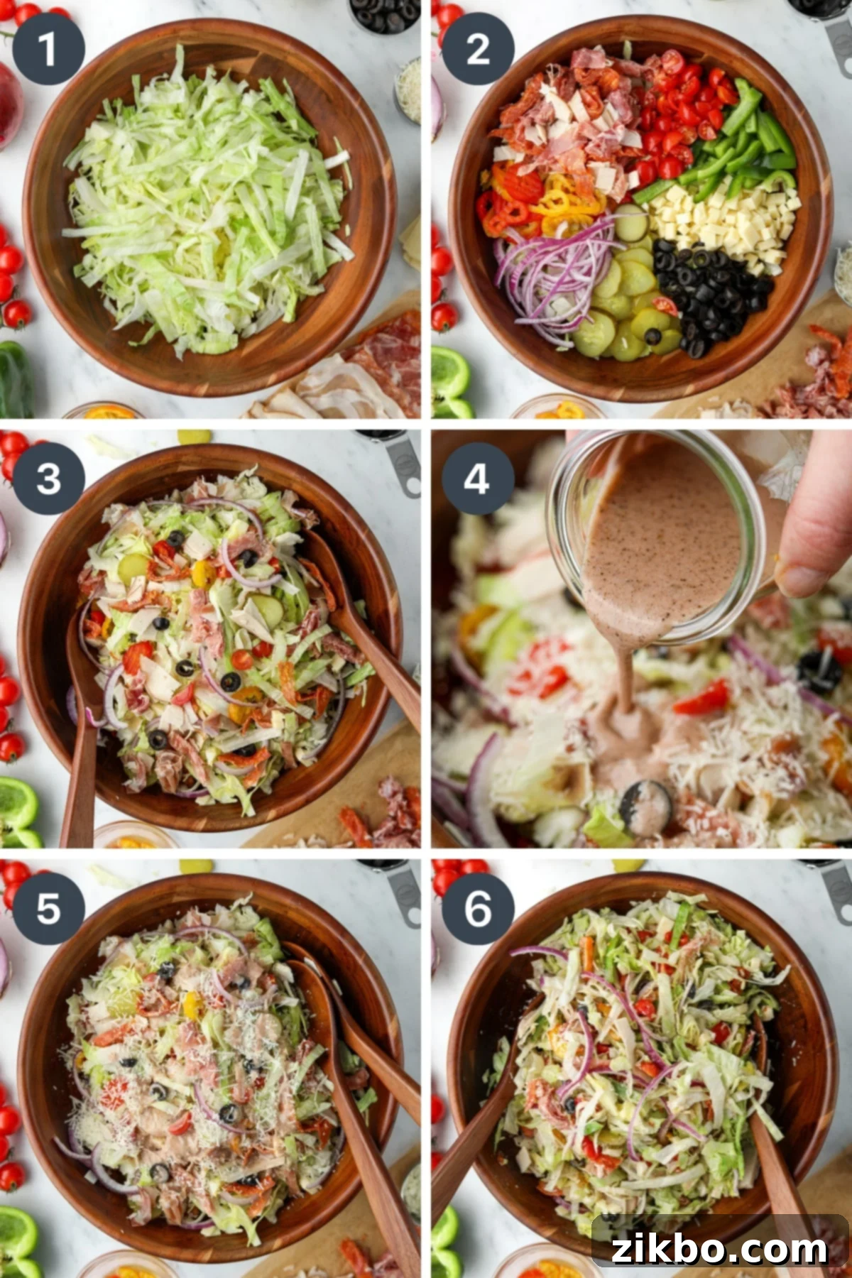 A series of images showing the process: adding chopped toppings to a bed of lettuce, then tossing the salad with creamy dressing and parmesan cheese in a large bowl.