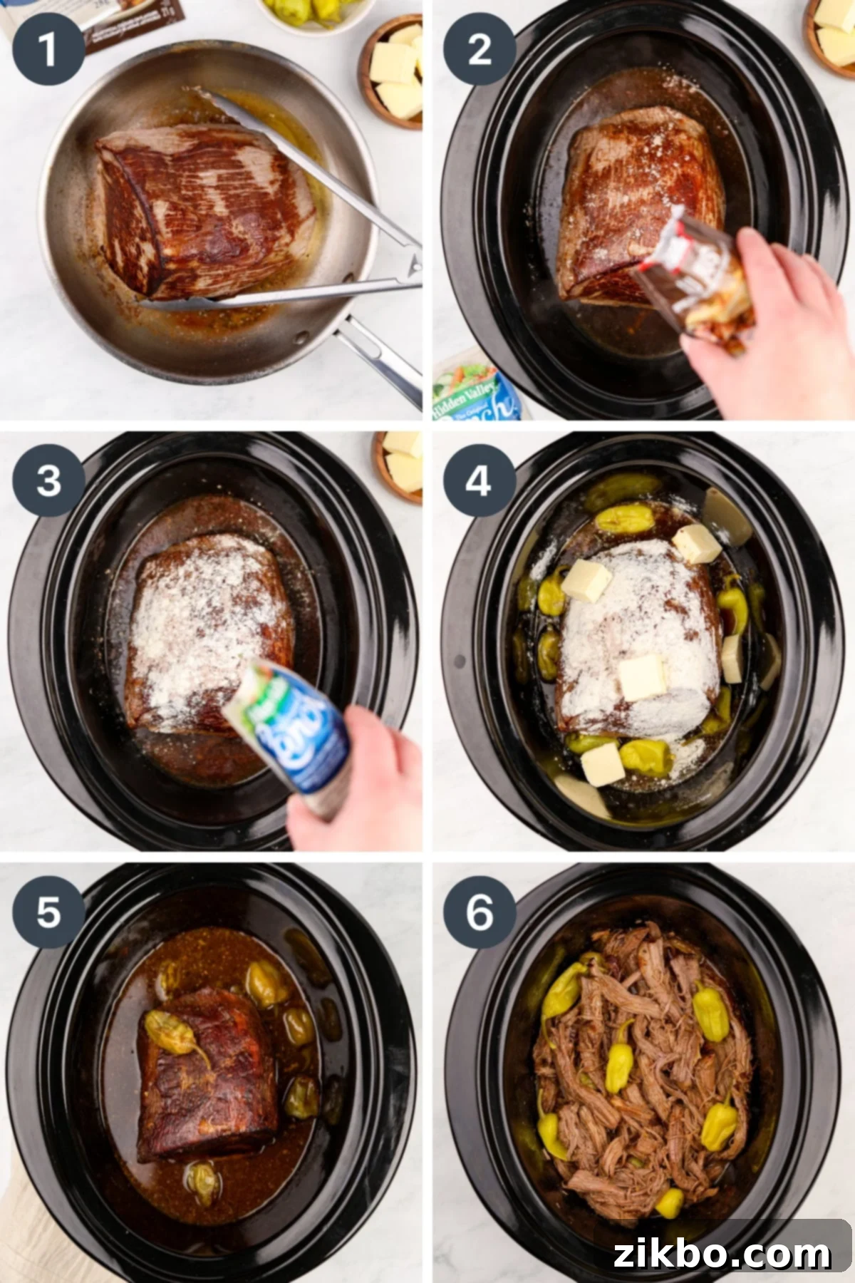 Browning a roast, then placing it in a crock pot with seasoning, butter, and pepperoncini peppers.