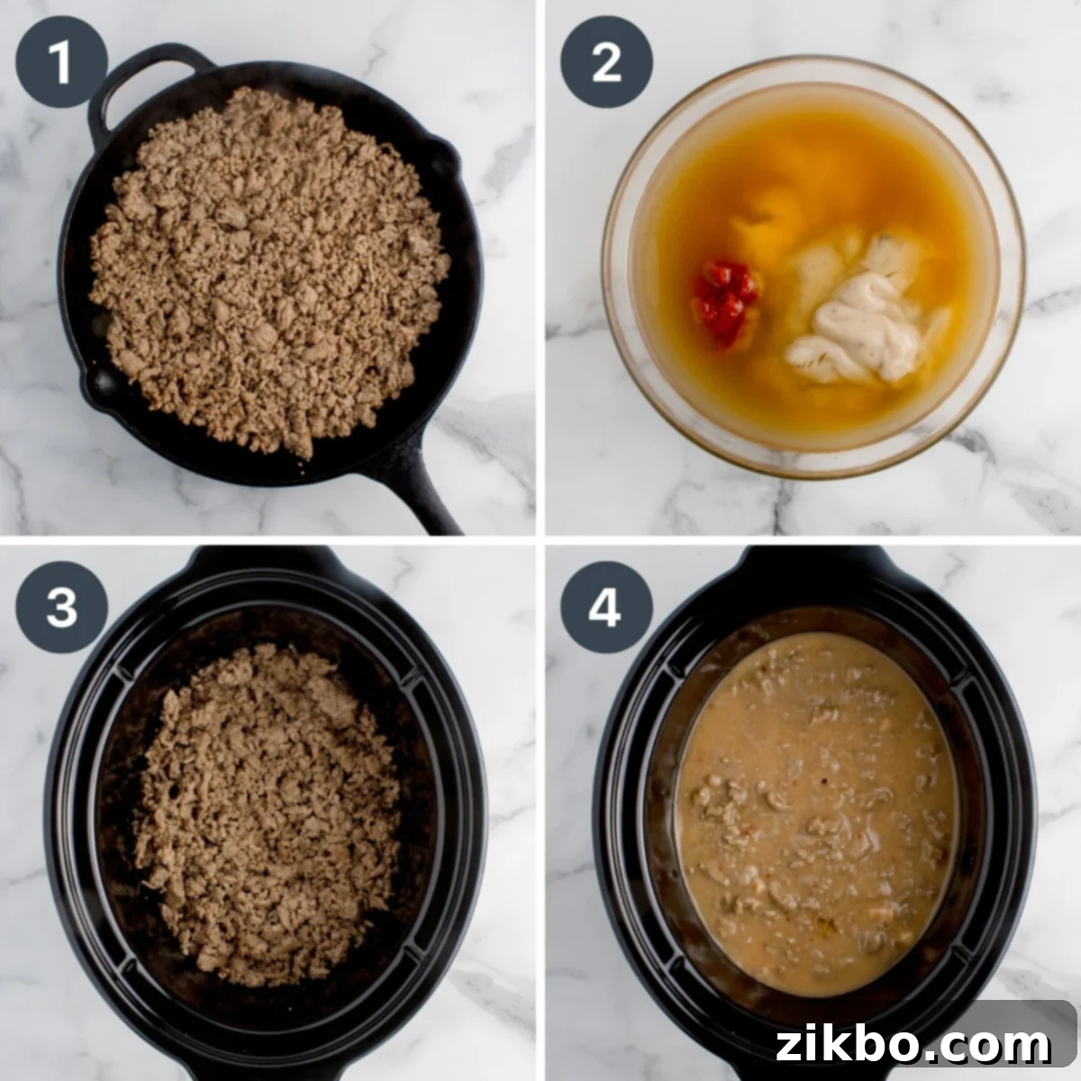 Browning ground beef in a skillet before transferring it to a slow cooker with a rich, savory sauce mixture.