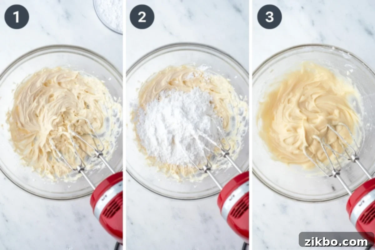 Decadent Sweet Cream Cheese Dip 4 Mixing powdered sugar into soft cream cheese with a hand mixer.