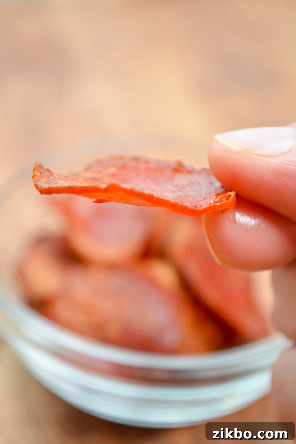 A crispy air fried pepperoni chip.