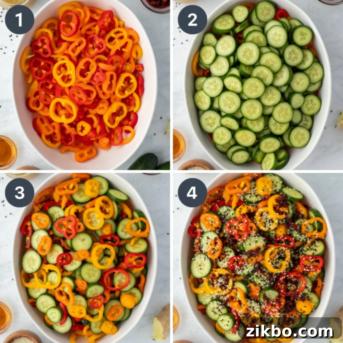 Fresh Cucumber & Bell Pepper Salad 4 A collage showing a bowl filled with mini bell peppers, then cucumbers, then topped with sesame seeds and chili crisp.