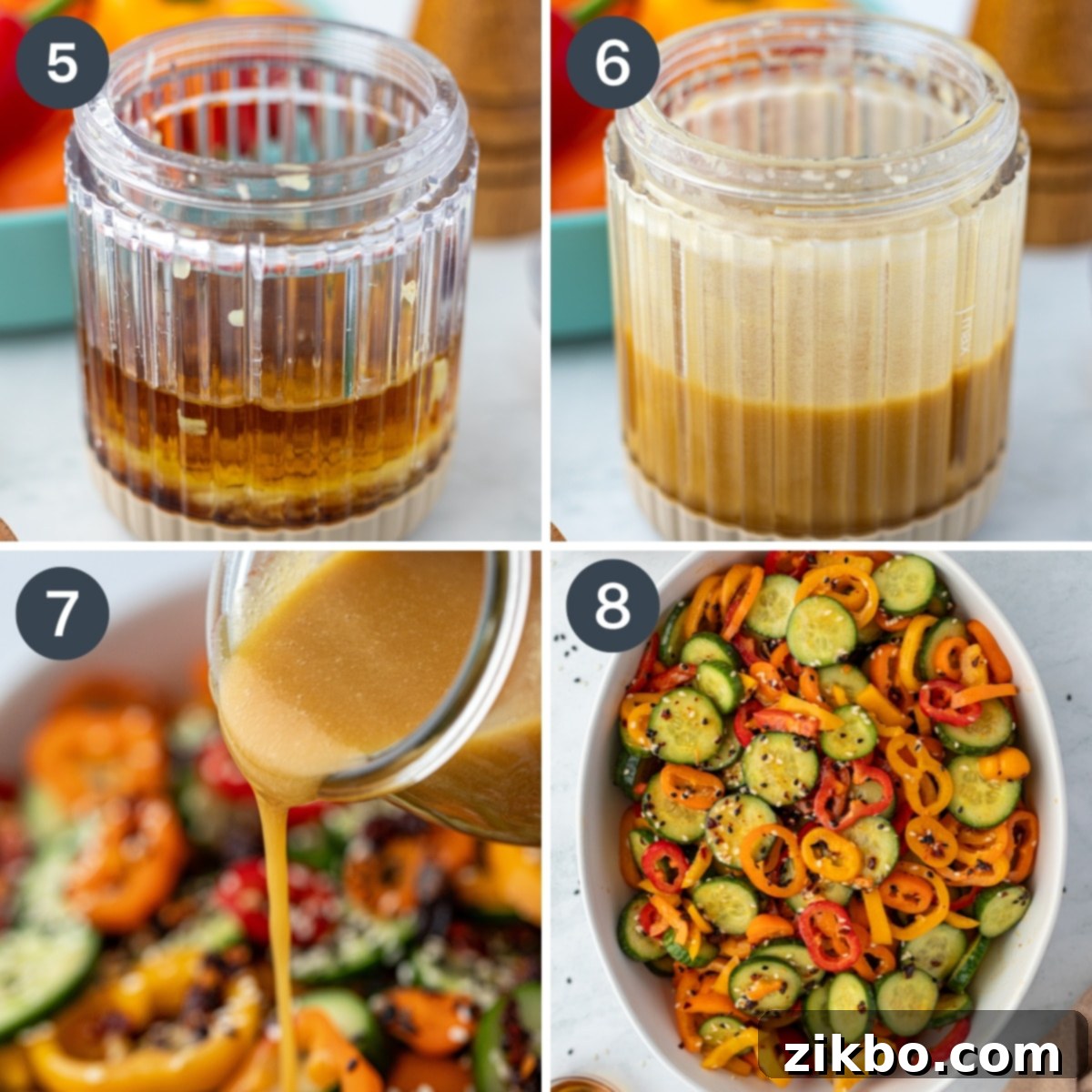 Fresh Cucumber & Bell Pepper Salad 5 A collage showing a mini blender making salad dressing, then adding it to a salad of bell pepper and cucumber.