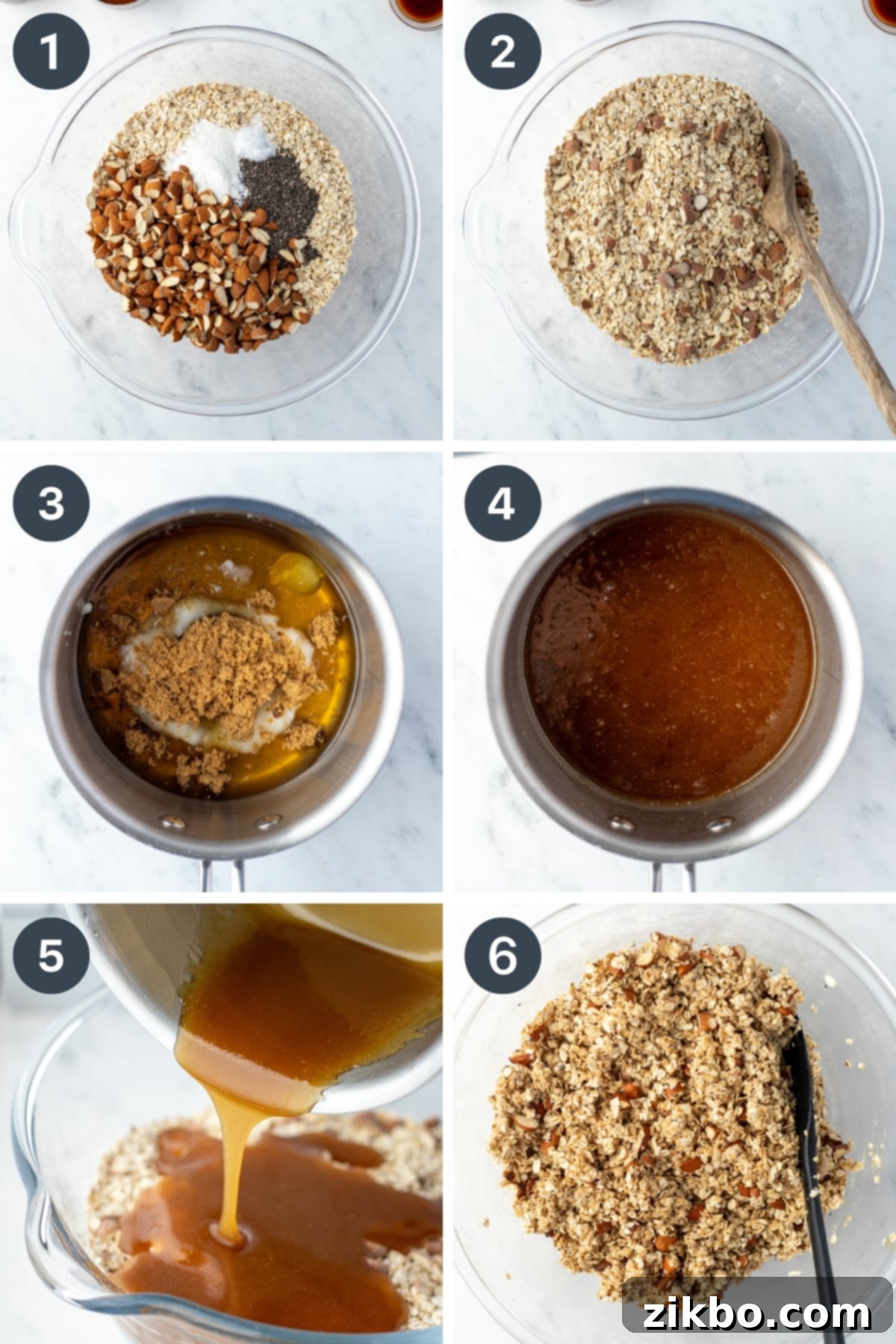 A photo collage showing dry ingredients (oats, almonds) being mixed in a bowl, followed by a warm coconut oil and honey mixture being poured on top and thoroughly combined.
