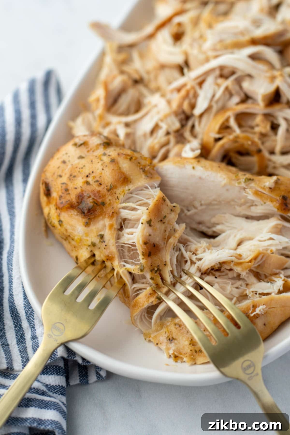 Shredding cooked chicken on a plate with two forks.