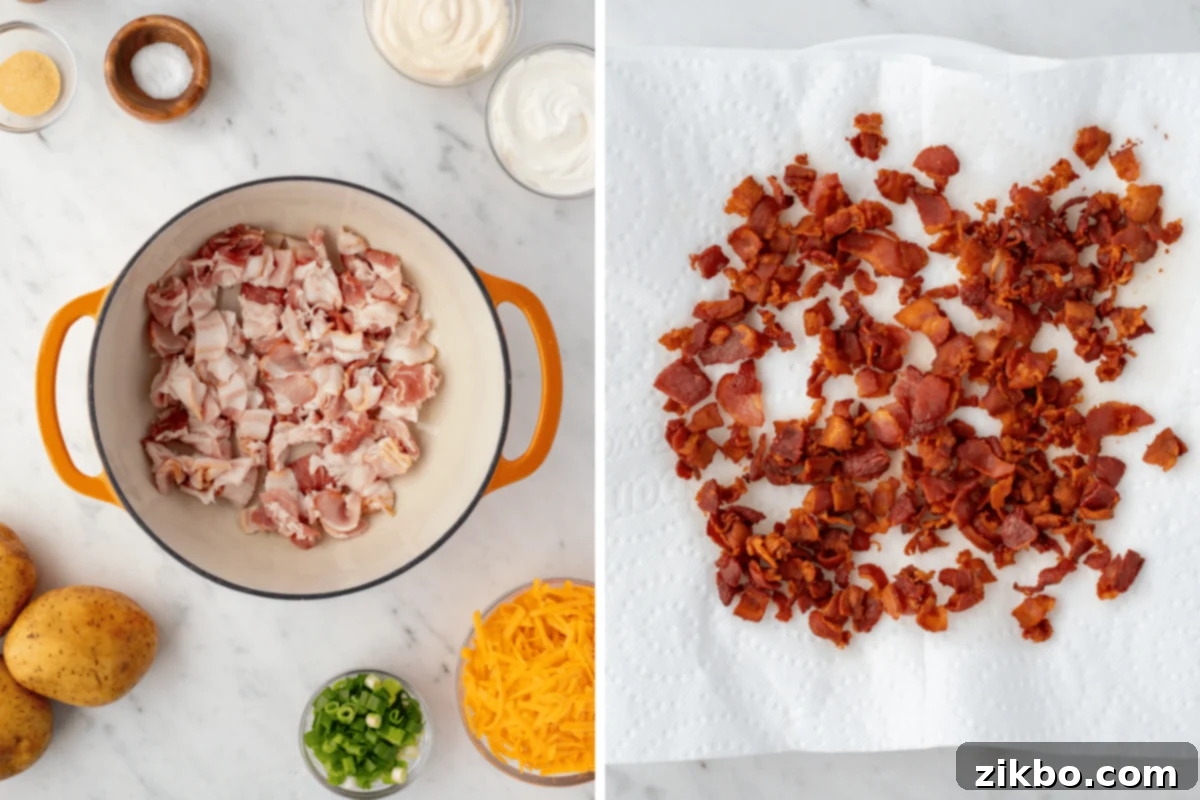 Mississippi Smothered Potatoes 4 Cooking bacon in a dutch oven, then draining the pieces on a paper towel lined plate.