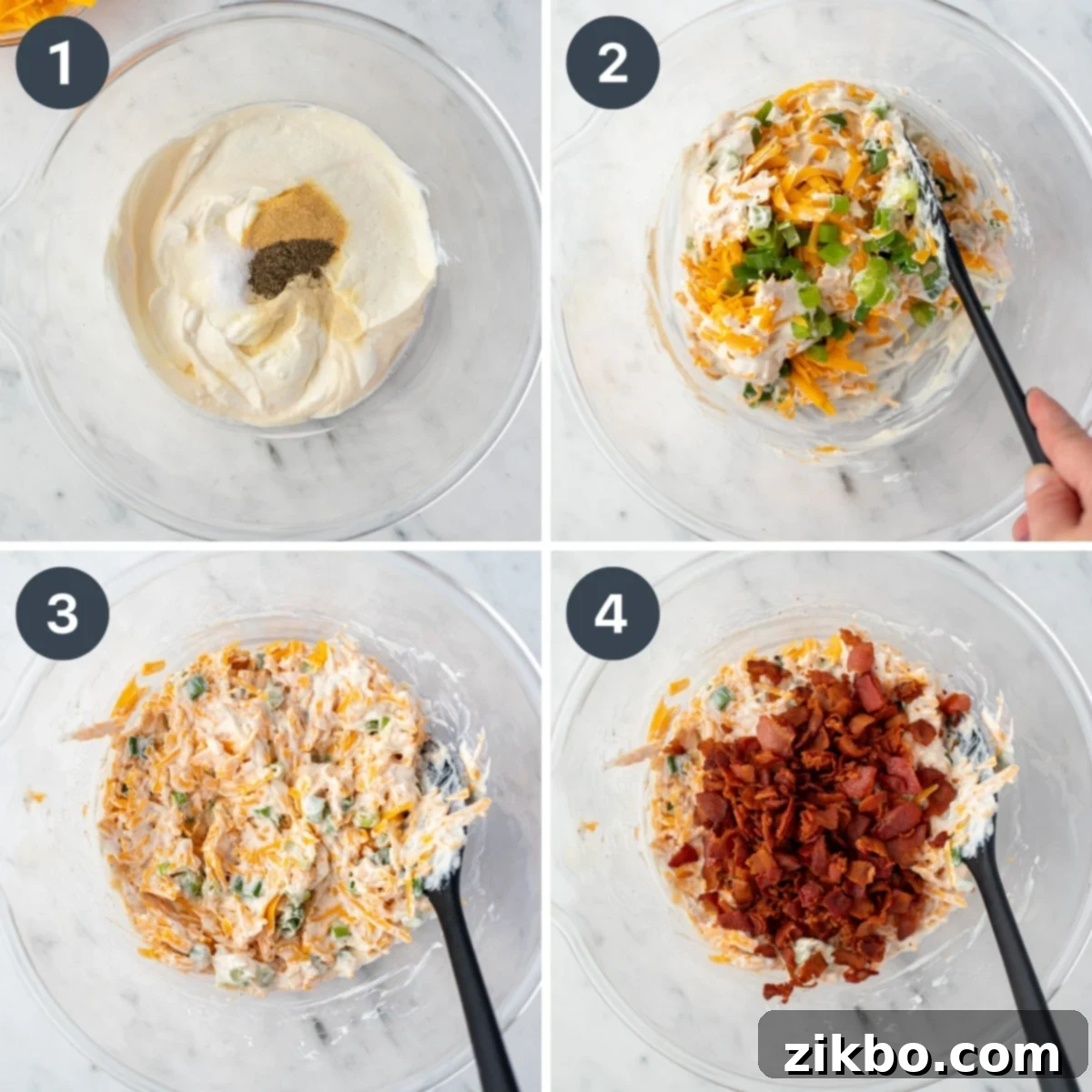 Mississippi Smothered Potatoes 5 Adding ingredients to a bowl to make a sauce for potatoes. Includes cheese, bacon, sour cream, and mayo.