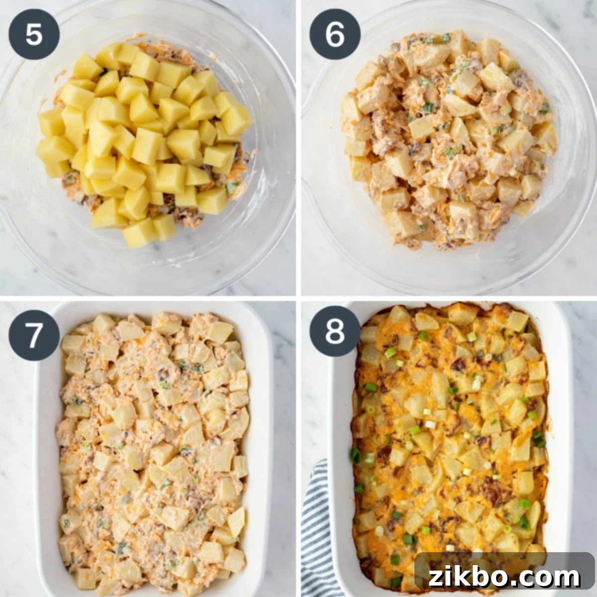 Mississippi Smothered Potatoes 6 Adding coated potatoes to a baking dish, then baking them until golden brown.