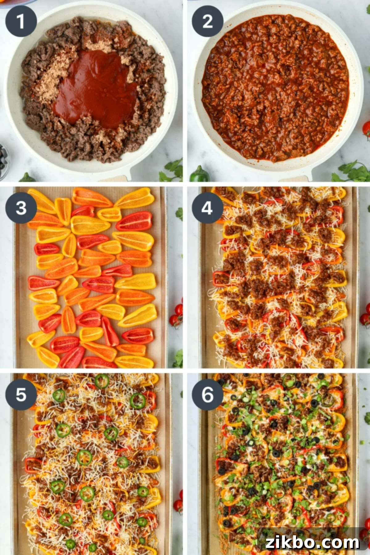 Adding ground beef, cheese, and toppings to a sheet pan full of mini peppers.